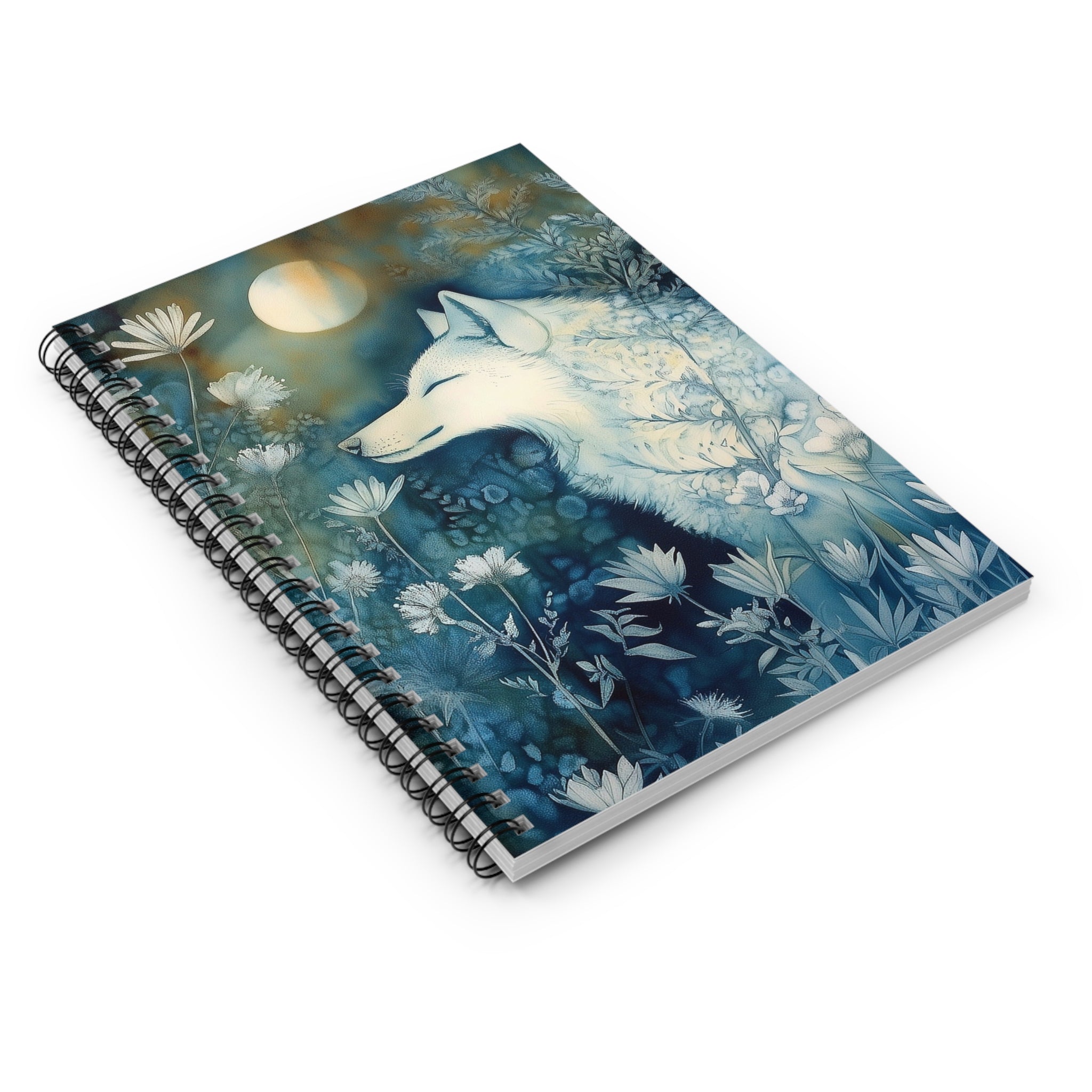 Cyanotype style illustration of a white fox resting under a glowing moon surrounded by delicate woodland flowers
