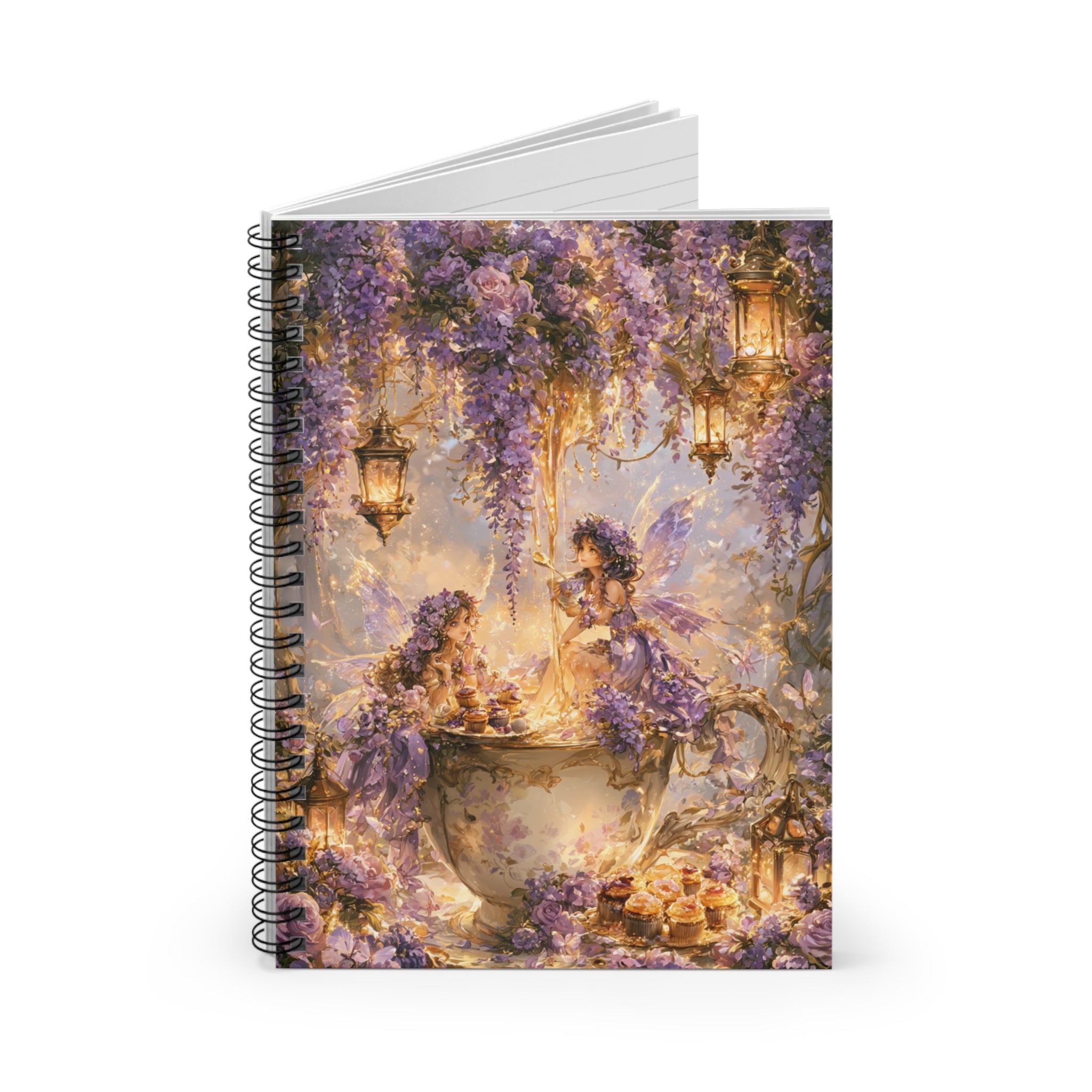 Spiral-bound journal featuring two fairies sharing tea inside an ornate floral teacup beneath cascading purple wisteria blossoms and glowing lanterns in a whimsical fairy garden setting.