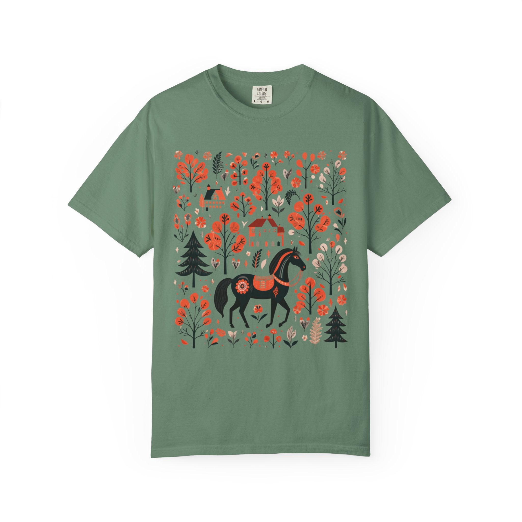 Nordic folk art horse surrounded by autumn trees and village houses in a cottagecore woodland design