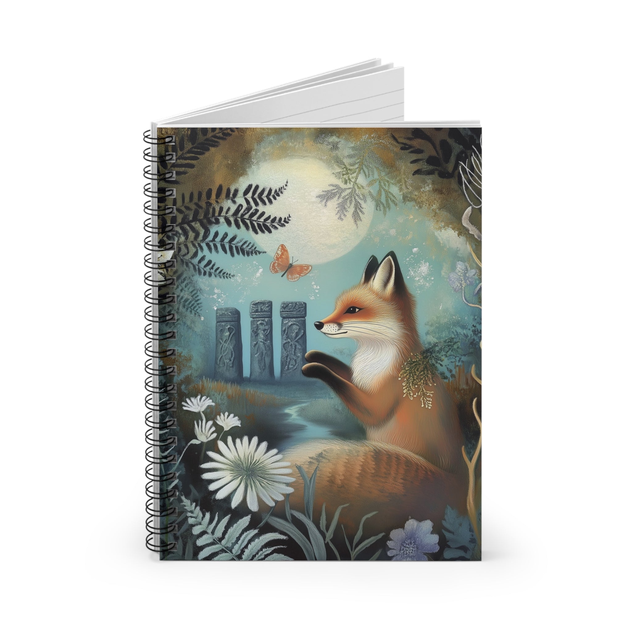 Illustrated red fox beneath a full moon near ancient standing stones surrounded by wildflowers and ferns, cottagecore notebook cover design