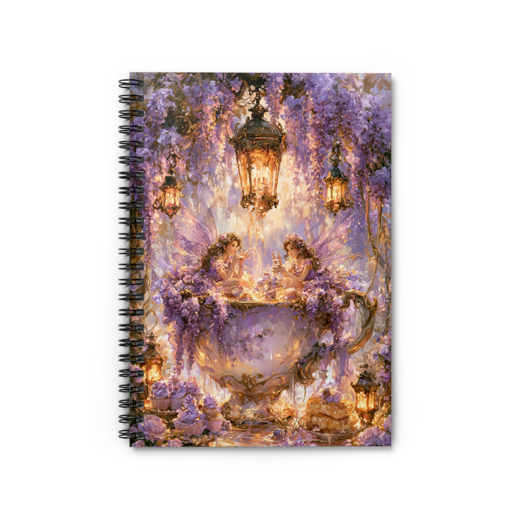 Fantasy illustration of two fairies sitting inside a giant floral teacup beneath glowing lanterns and cascading purple wisteria blossoms.