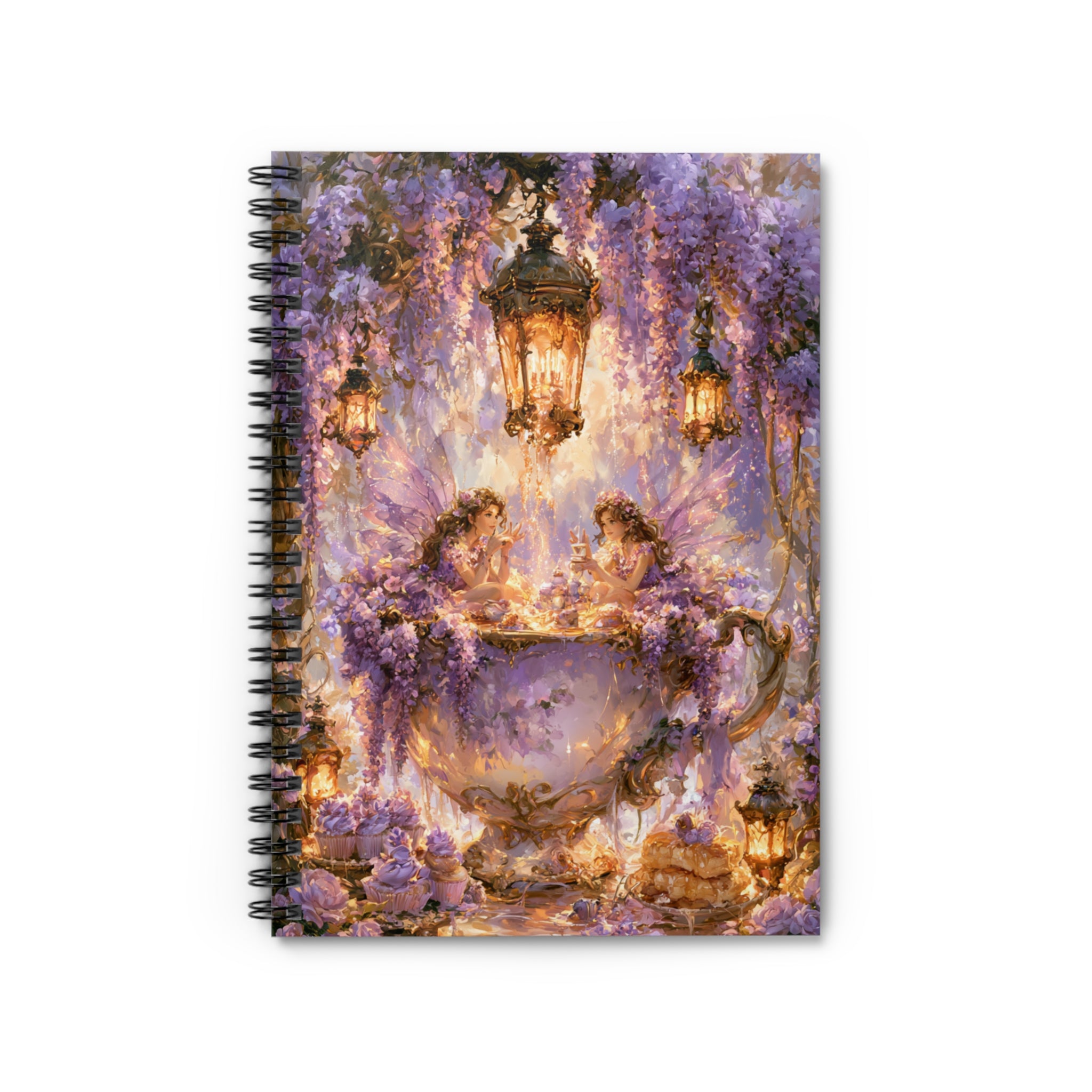 Fantasy illustration of two fairies sitting inside a giant floral teacup beneath glowing lanterns and cascading purple wisteria blossoms.