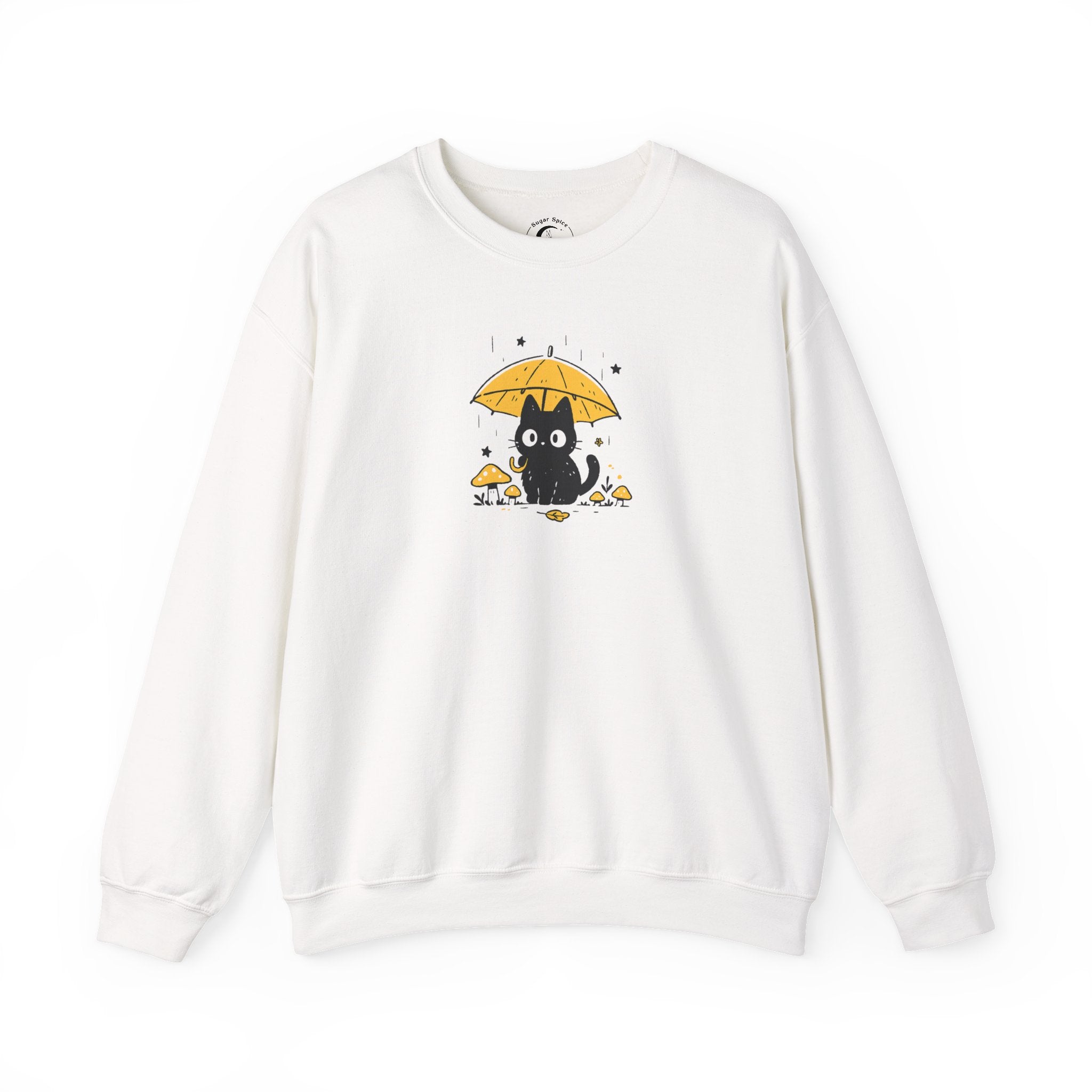 Cozy cat lover sweatshirt with kawaii black cat holding an umbrella among mushrooms