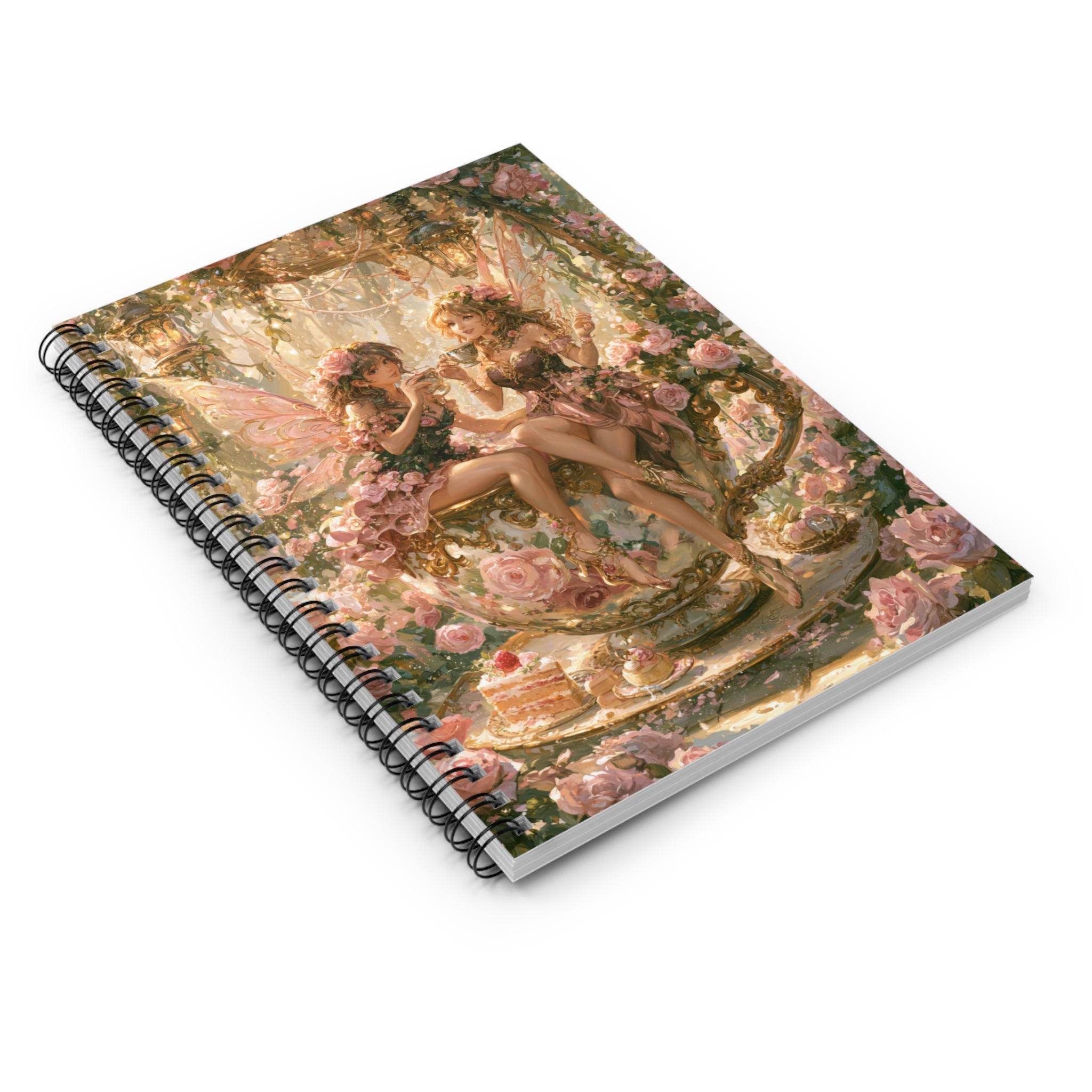 Whimsical fairy tea party journal featuring two fairies sitting inside a giant floral teacup surrounded by pink roses, glowing lanterns, flower garlands, cakes, and enchanted fairycore garden artwork.