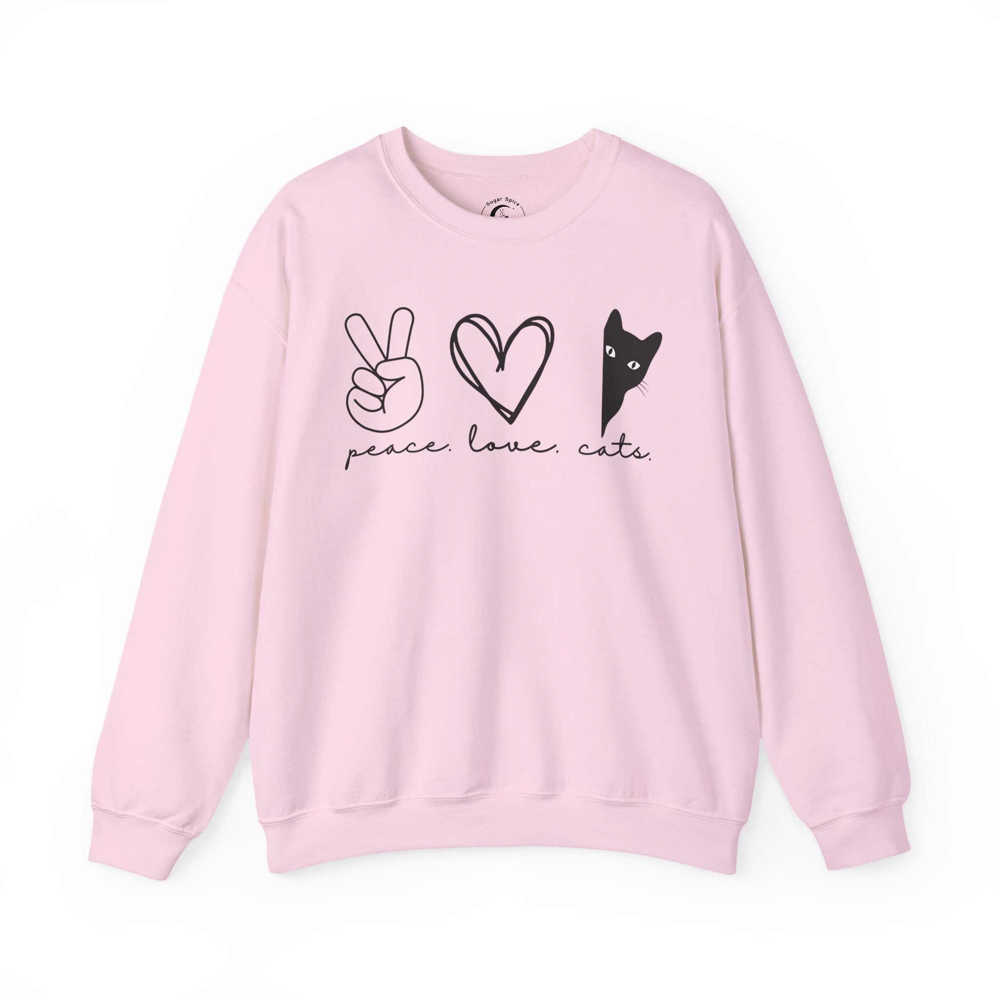Cozy Gildan 18000 black cat sweatshirt featuring a minimalist peeking cat design. The perfect gift for cat moms, black cat lovers, introverts, and cozy cottagecore style.