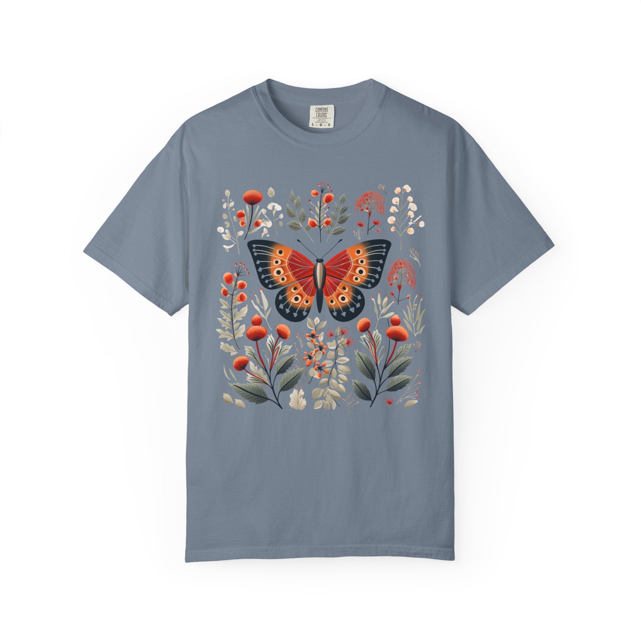 Butterfly surrounded by autumn florals and berries – cottagecore botanical shirt design