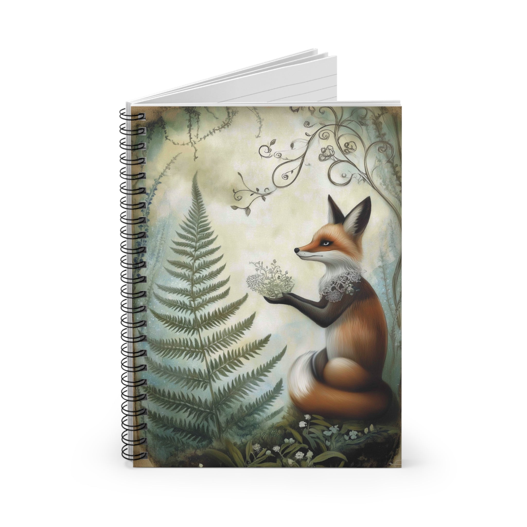 Illustrated red fox holding forest herbs surrounded by ferns and vines in soft woodland tones, whimsical cottagecore notebook cover design