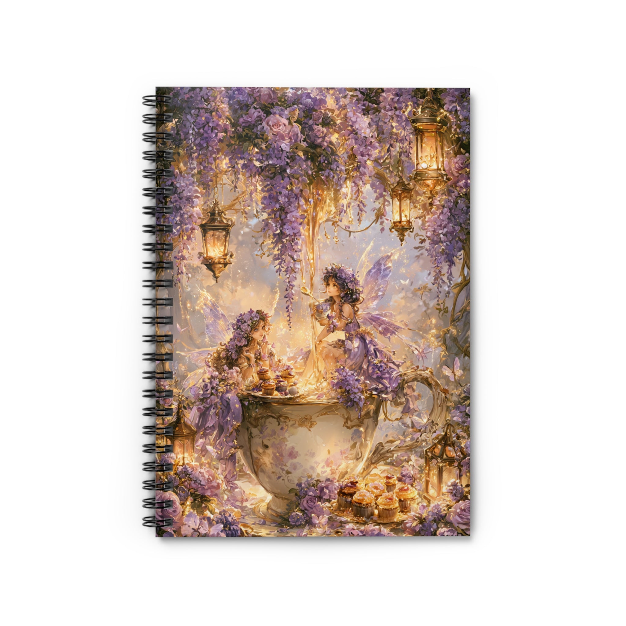 Spiral-bound journal featuring two fairies sharing tea inside an ornate floral teacup beneath cascading purple wisteria blossoms and glowing lanterns in a whimsical fairy garden setting.