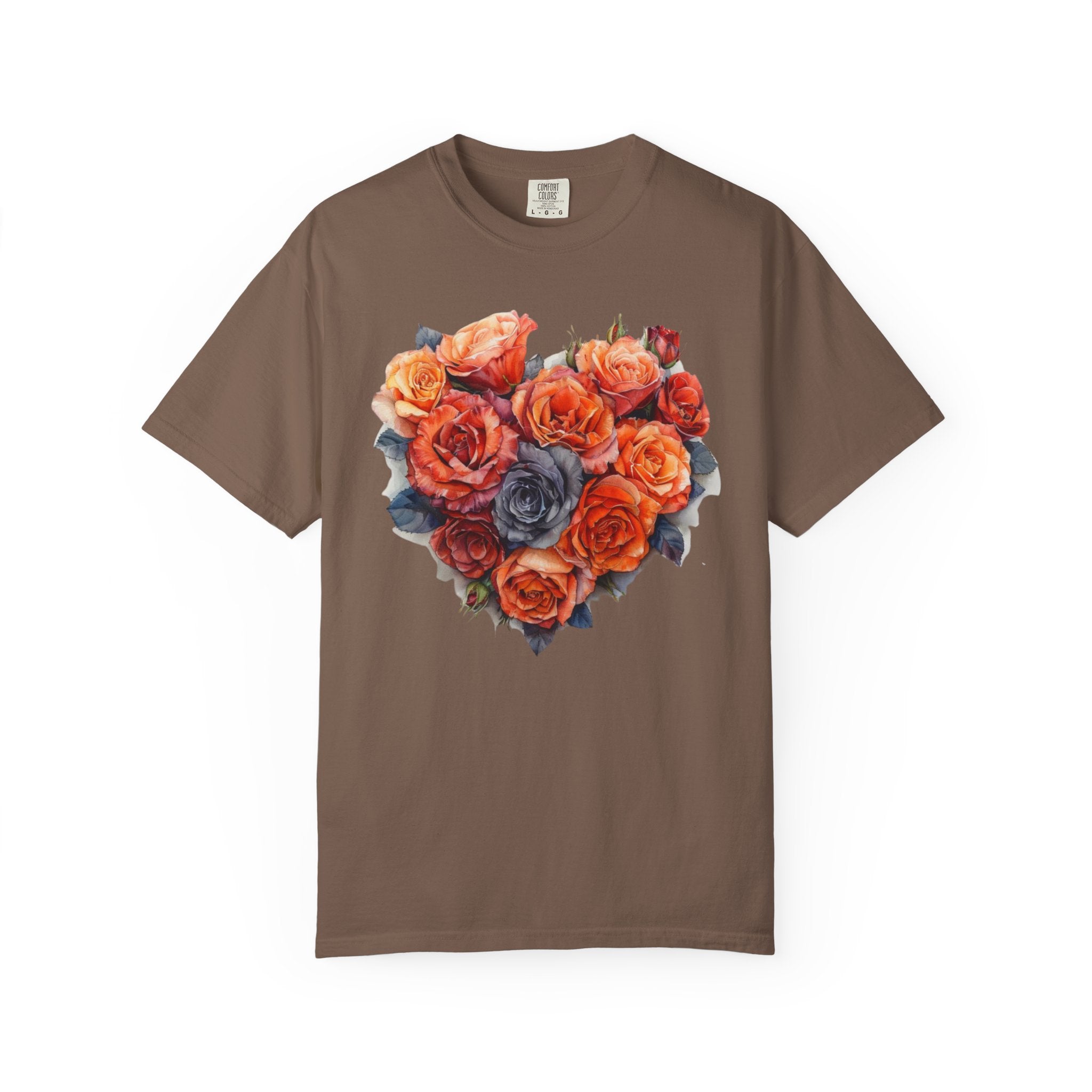 Romantic rose heart floral design on a vintage-style Comfort Colors shirt — soft cottagecore aesthetic tee in red, blush, and lavender tones.