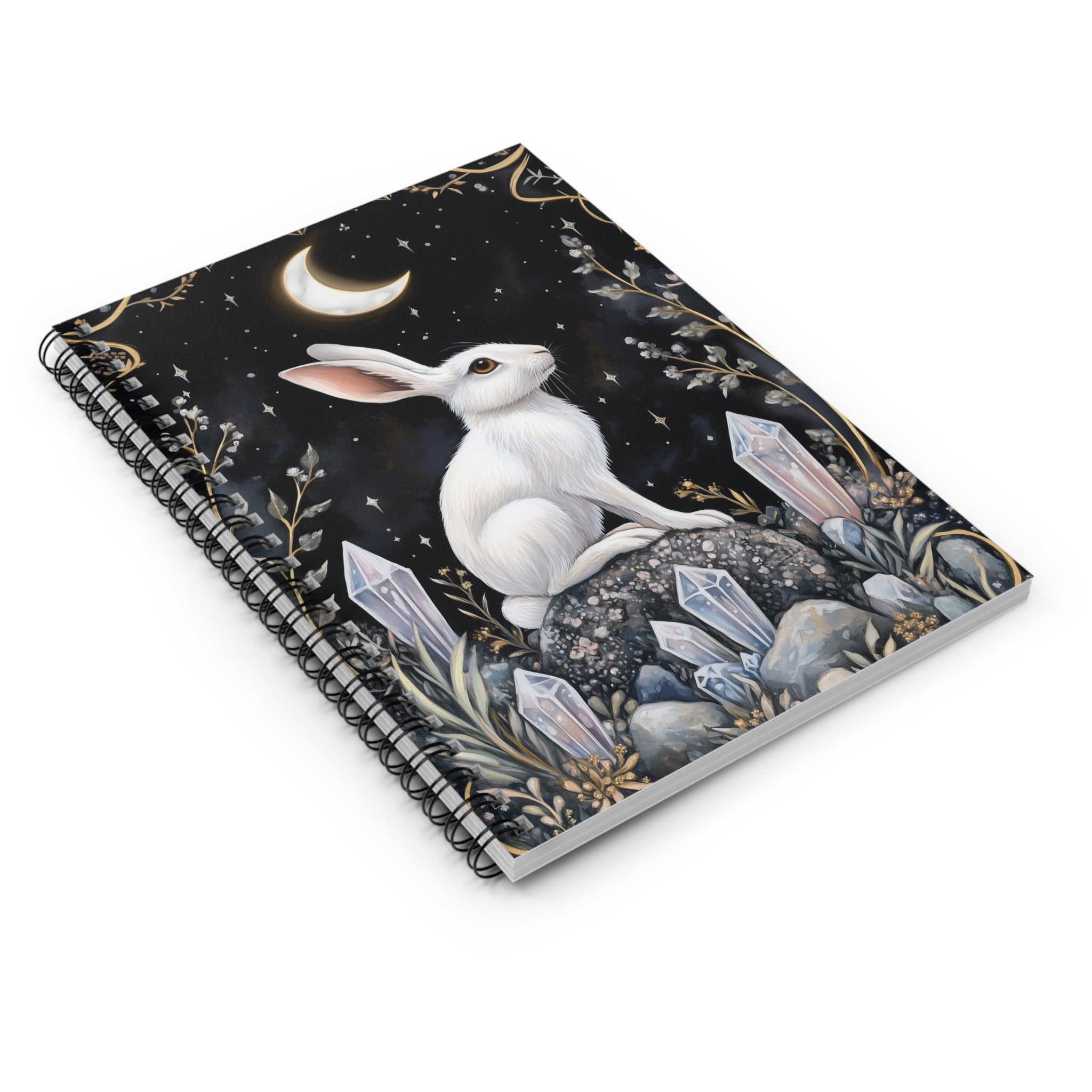 White rabbit under crescent moon surrounded by crystals and golden foliage on a dark starry night background, whimsical cottagecore notebook cover design