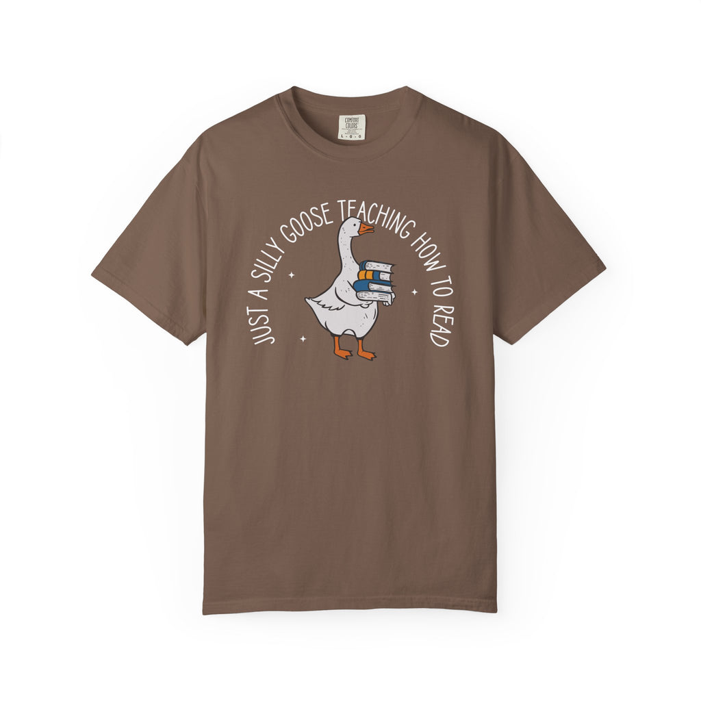 Just a Silly Goose Teaching How to Read text design featuring a cartoon goose holding a stack of books on a black background, created for English teachers.