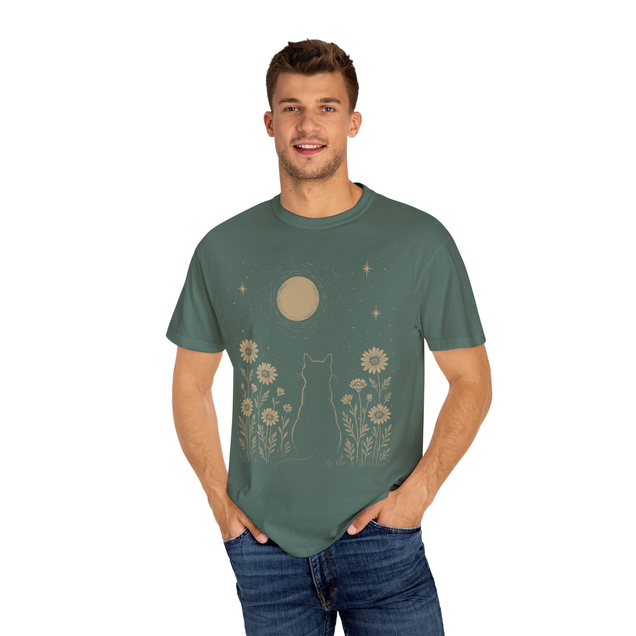 Celestial Cat Moon Shirt | Cottagecore Floral Night Sky Tee