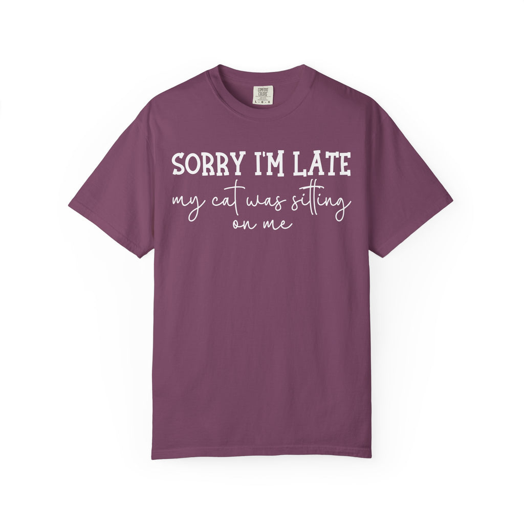 Funny cat lover graphic t-shirt featuring the quote "Sorry I'm Late My Cat Was Sitting on Me." A humorous gift for cat moms, cat dads, and anyone owned by a sleepy cat.