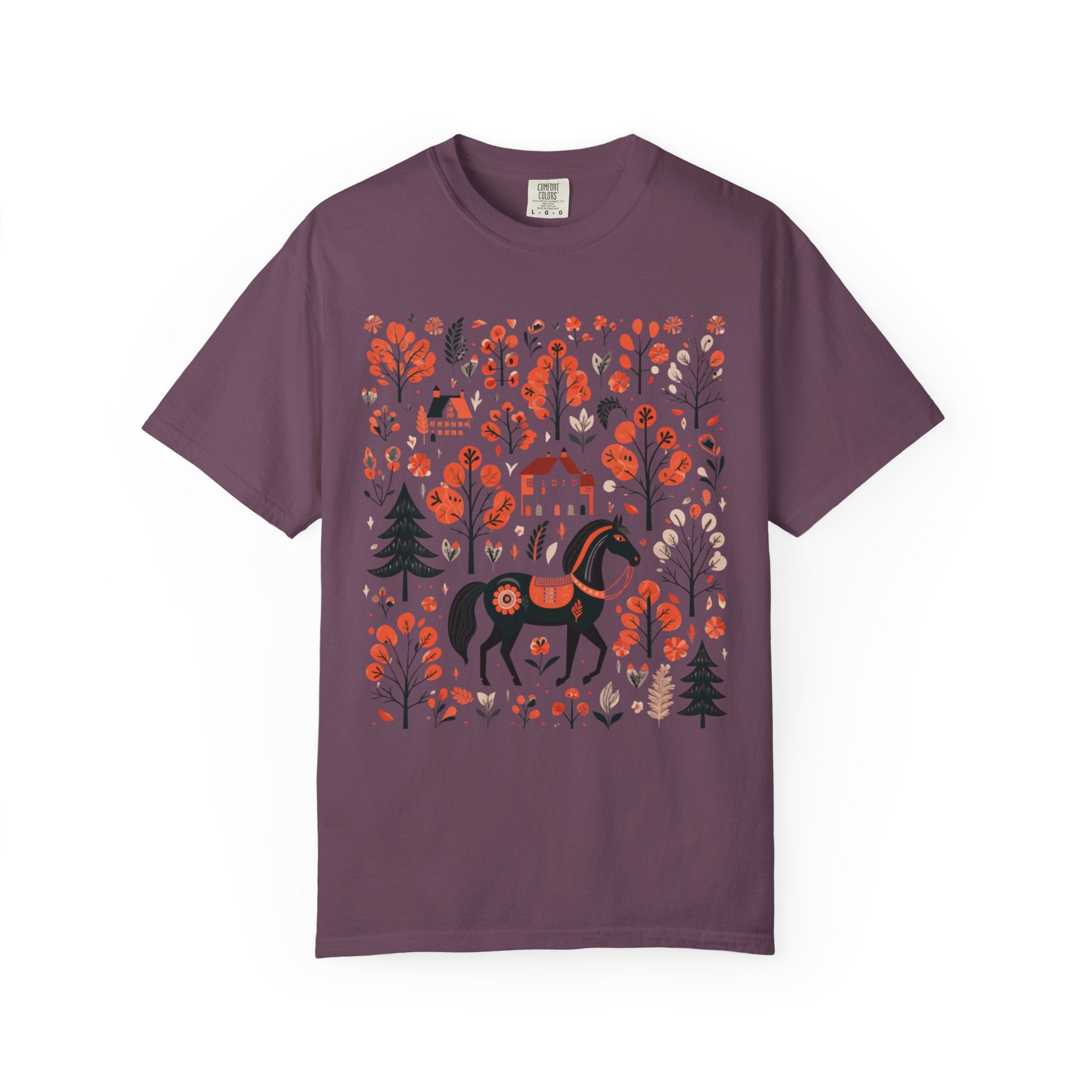 Nordic folk art horse surrounded by autumn trees and village houses in a cottagecore woodland design