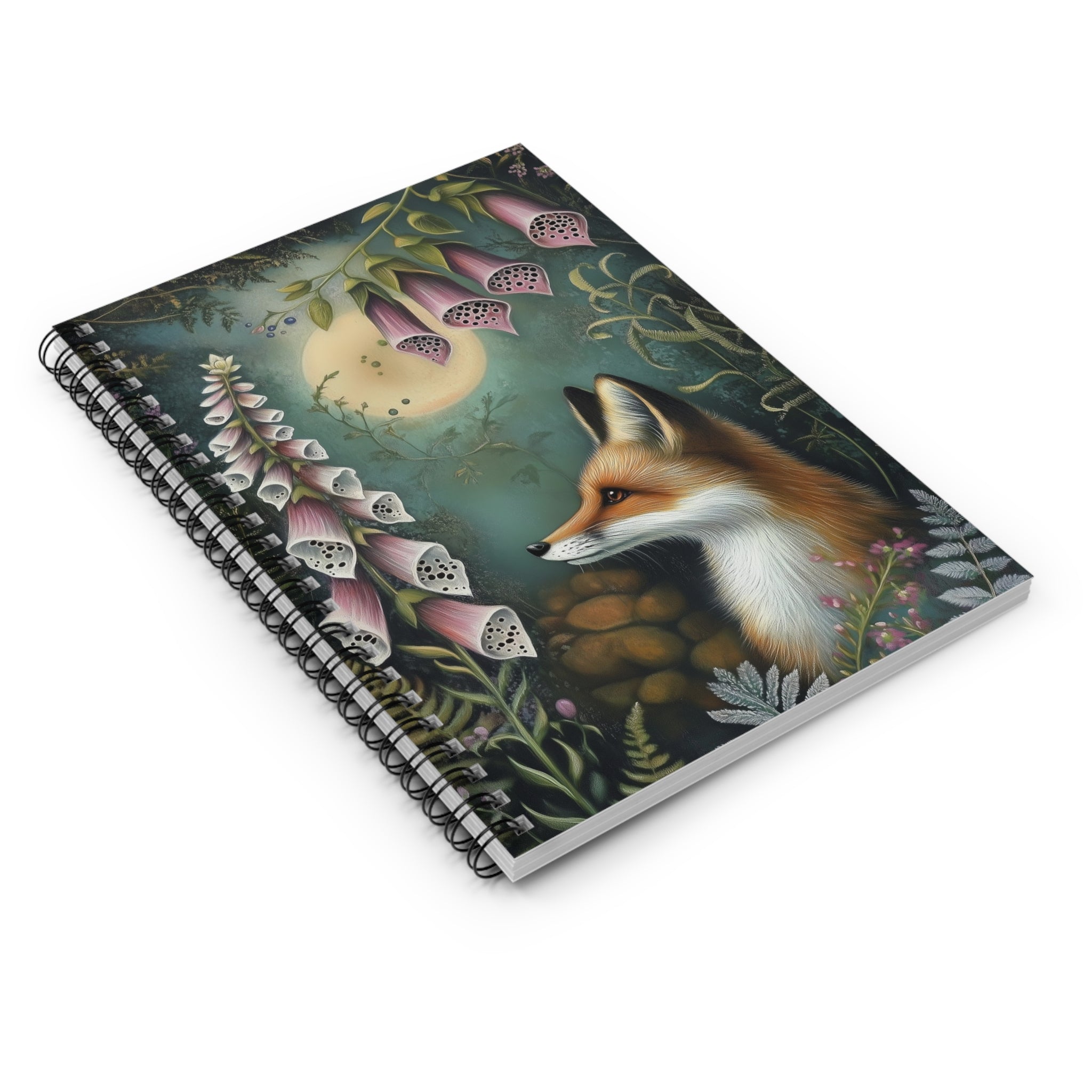 Illustrated red fox beneath pink foxglove flowers under a glowing moon surrounded by ferns and woodland foliage, cottagecore notebook cover design