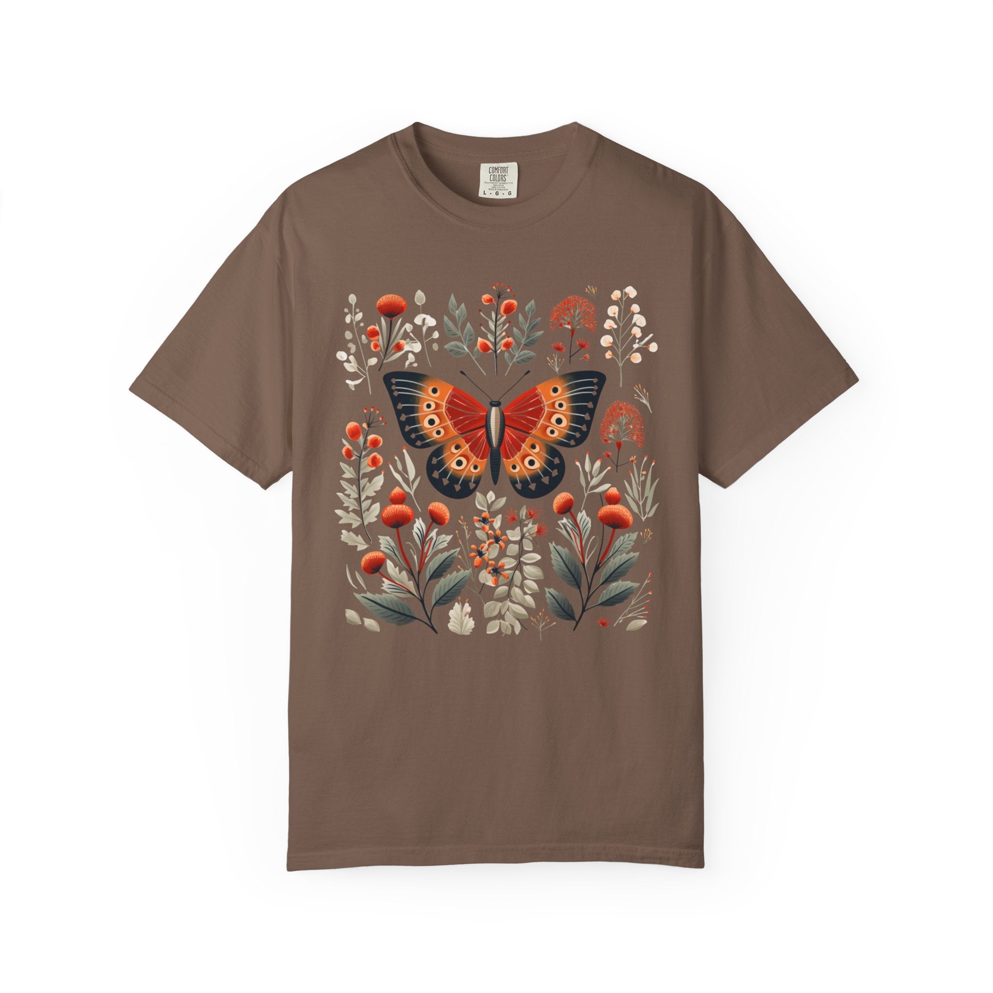 Butterfly surrounded by autumn florals and berries – cottagecore botanical shirt design