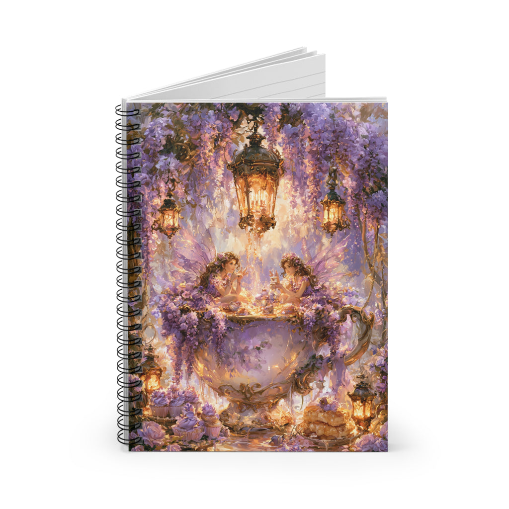 Fantasy illustration of two fairies sitting inside a giant floral teacup beneath glowing lanterns and cascading purple wisteria blossoms.