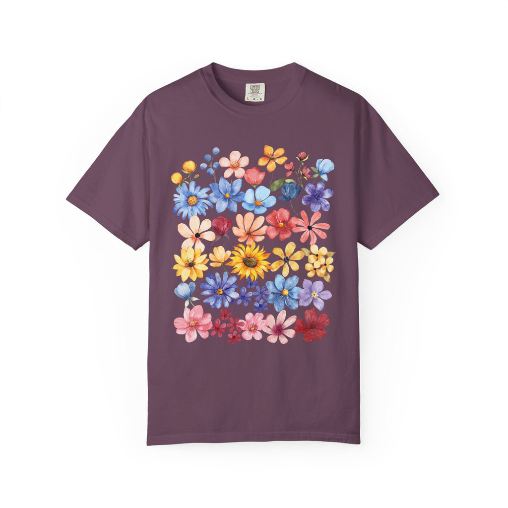 Watercolor floral shirt with painted wildflowers – cottagecore nature lover tee