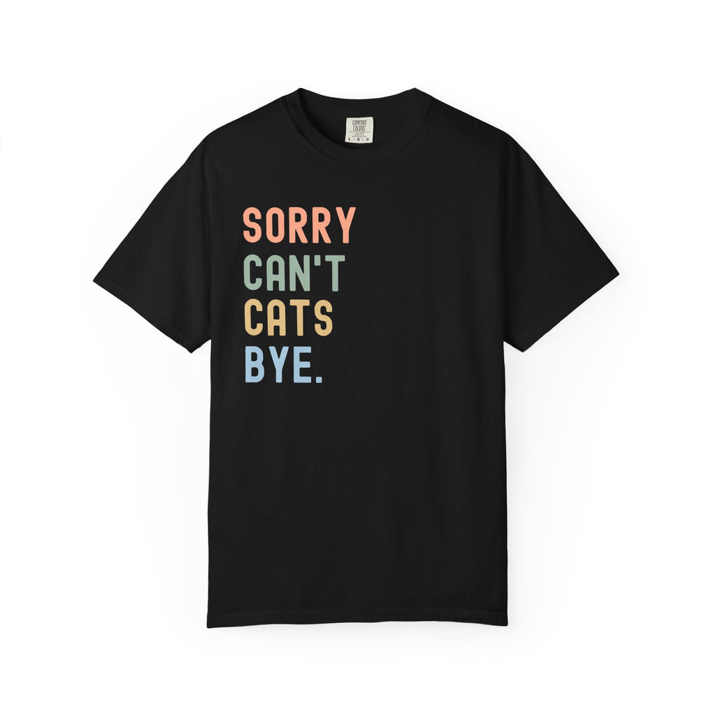 Retro pastel "Sorry Can't Cats Bye" graphic t-shirt featuring colorful vintage lettering for cat lovers, introverts, and proud cat moms.