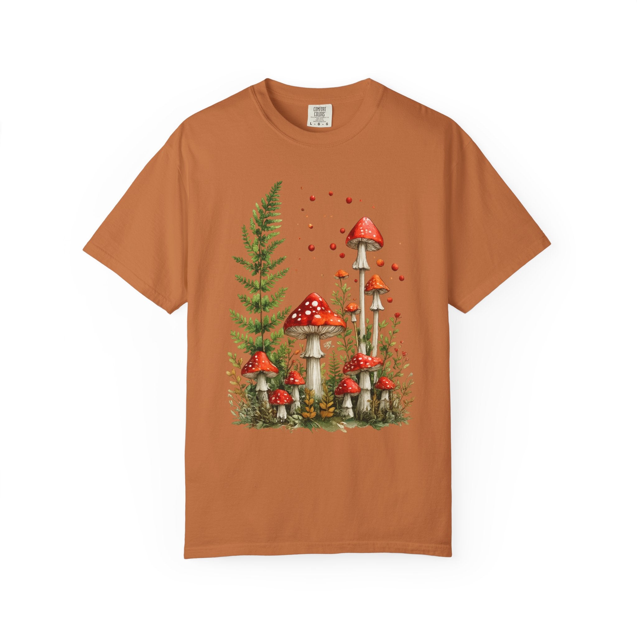 Whimsical watercolor illustration of red fly agaric mushrooms surrounded by lush green ferns and woodland plants in a magical cottagecore fairy forest aesthetic.