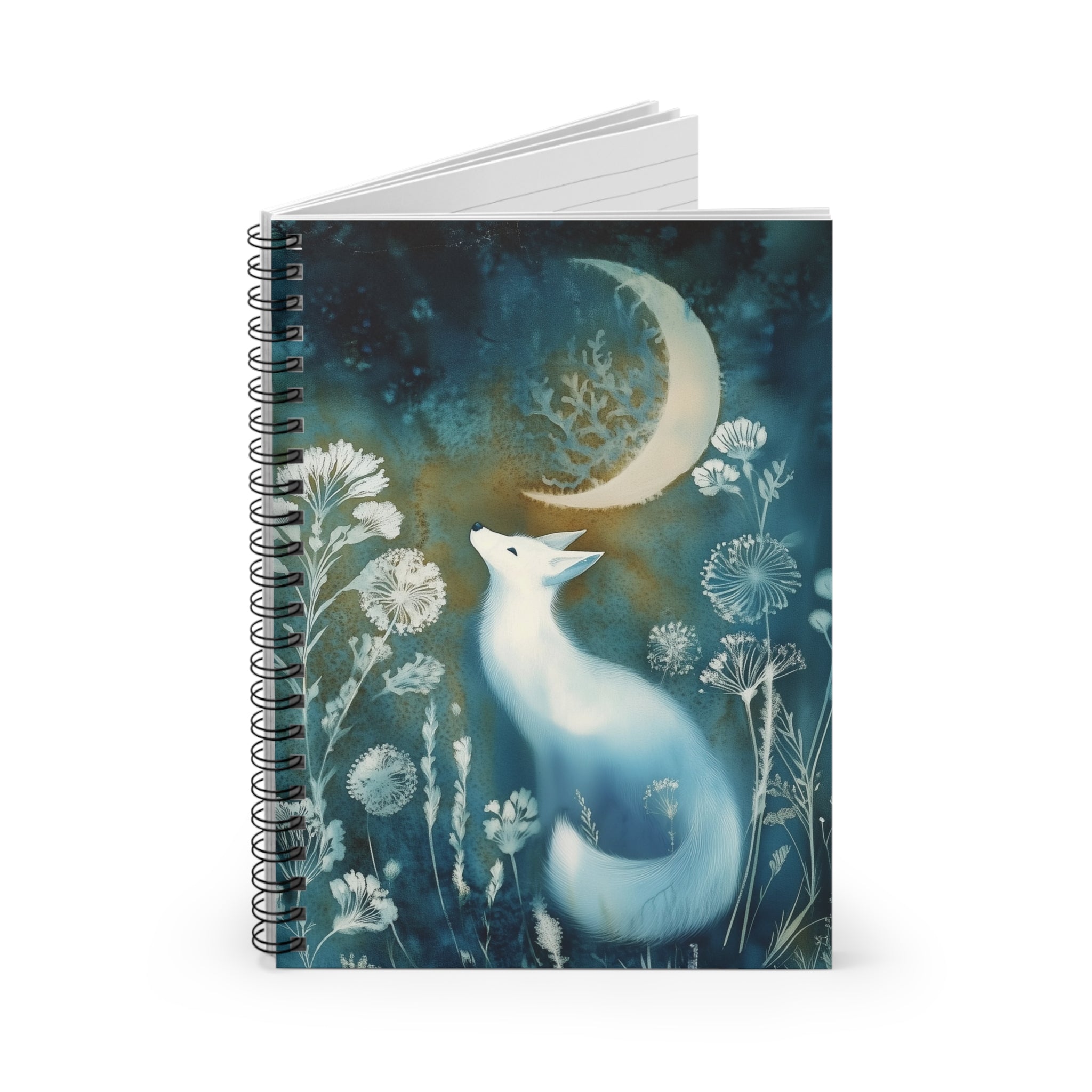 Cyanotype style illustration of a white fox gazing at a crescent moon surrounded by delicate woodland flowers