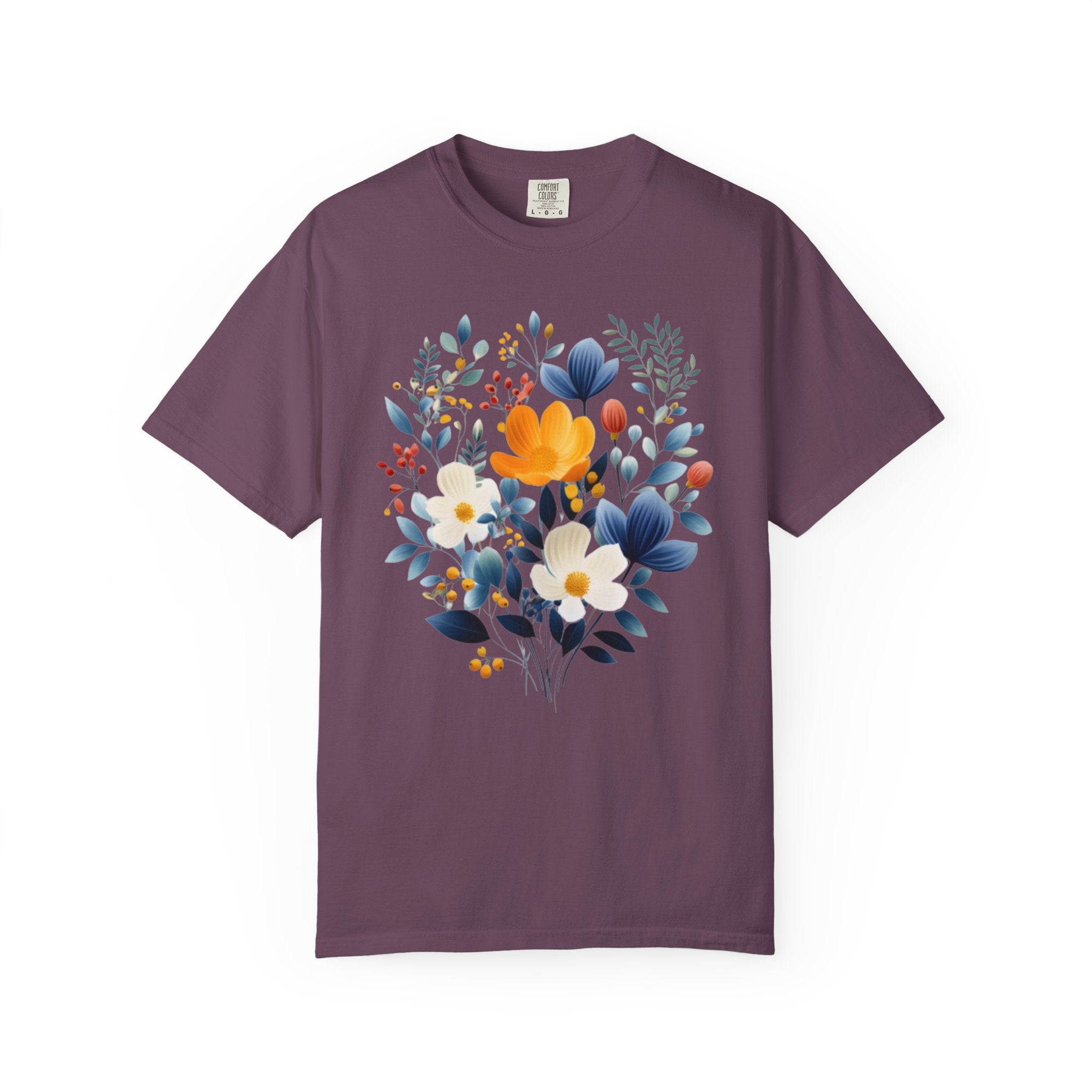 Nordic folk wildflower bouquet with blue, ivory, and yellow flowers on a cottagecore floral shirt