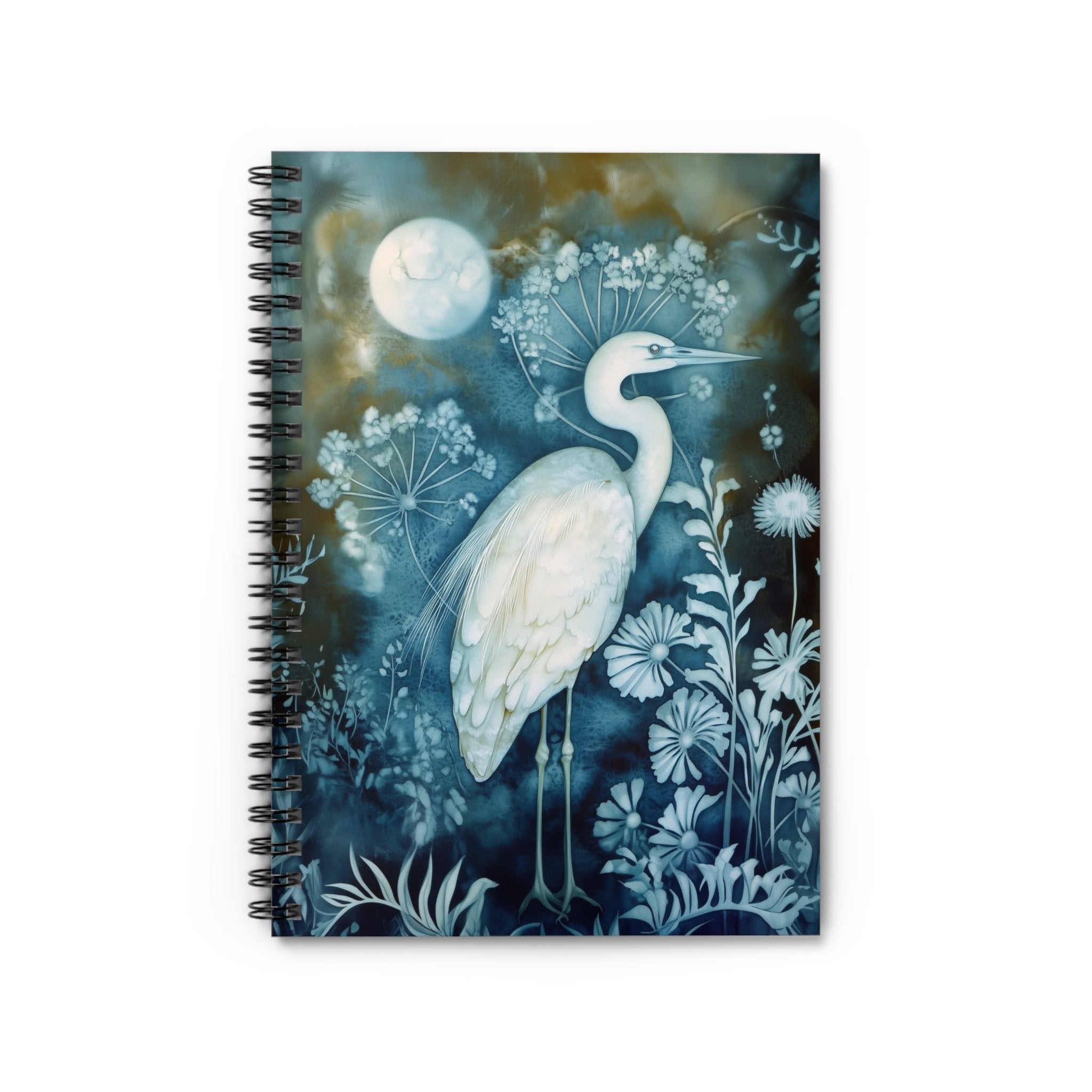 Cyanotype style illustration of a white heron under a glowing moon surrounded by delicate botanical plants