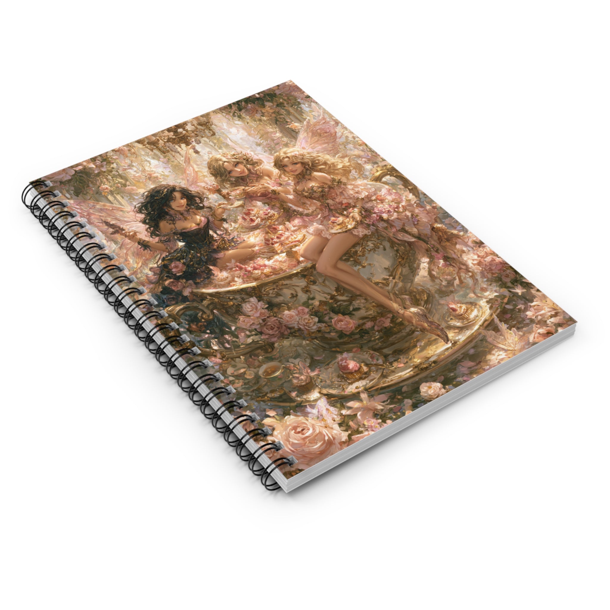 Whimsical fairy tea party journal featuring three fairies sitting inside a giant floral teacup surrounded by roses, pastries, crystal chandeliers, and magical fairycore garden artwork in soft pink tones. 🌸🧚‍♀️✨