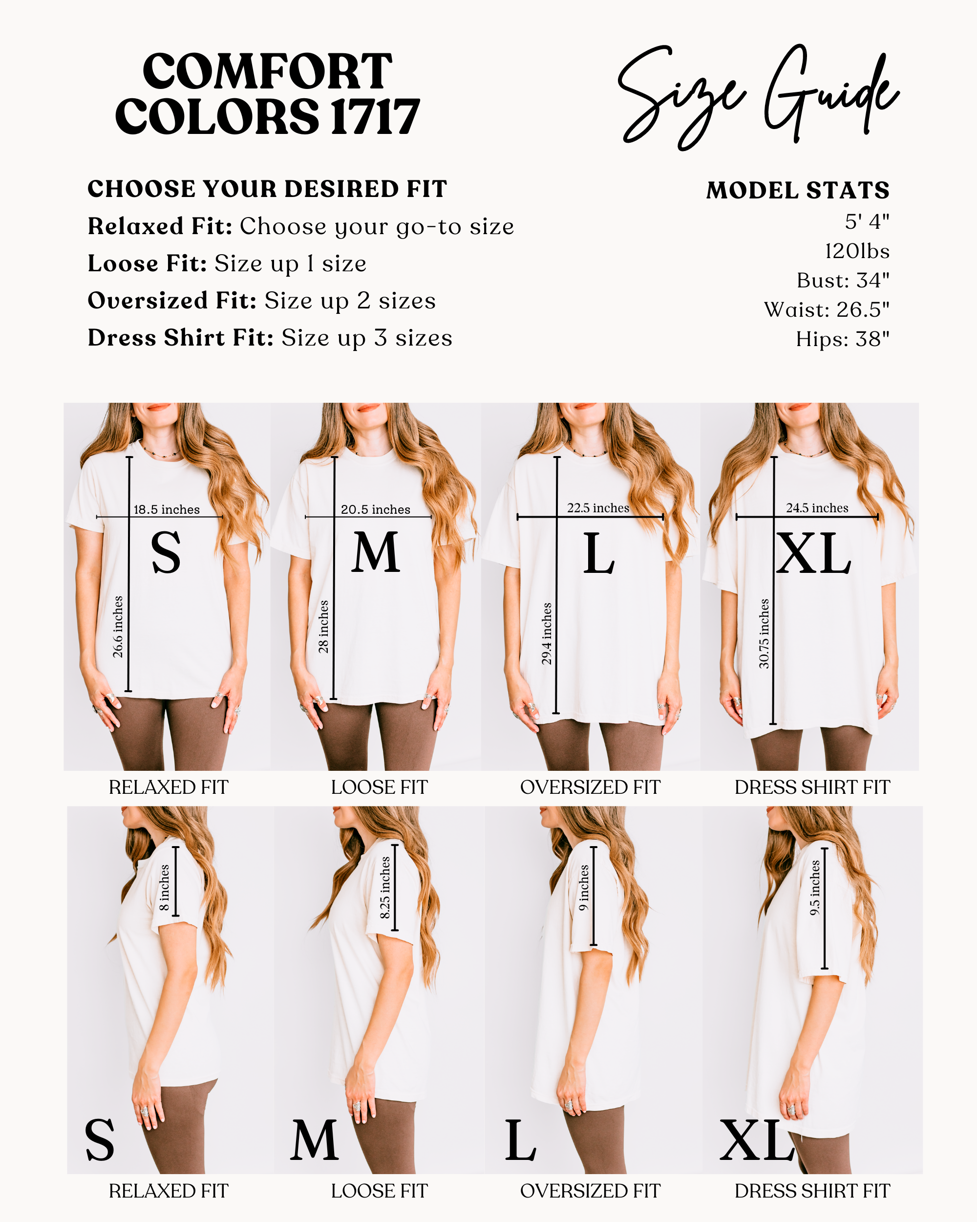 Size guide for Comfort Colors 1717 with model statistics and fit options.
