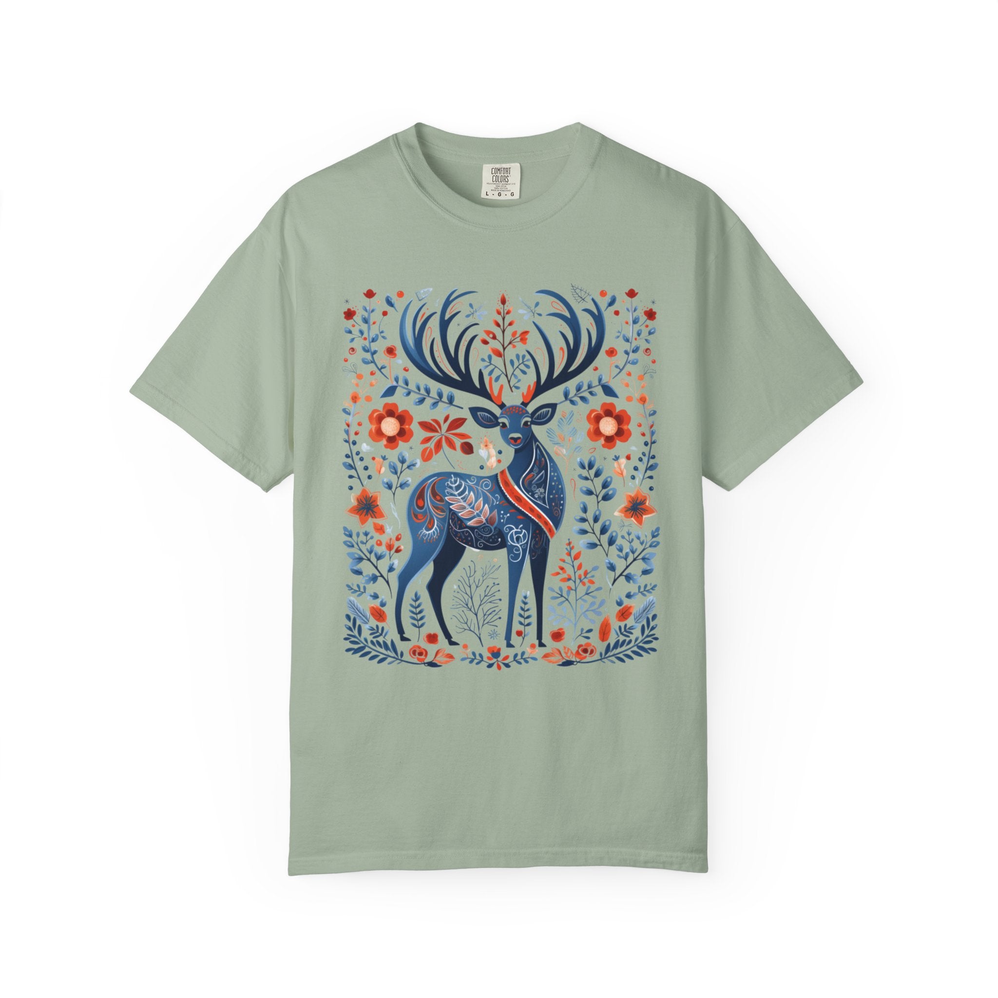 Nordic folk art stag with ornate antlers surrounded by flowers and woodland botanicals in a cottagecore forest design
