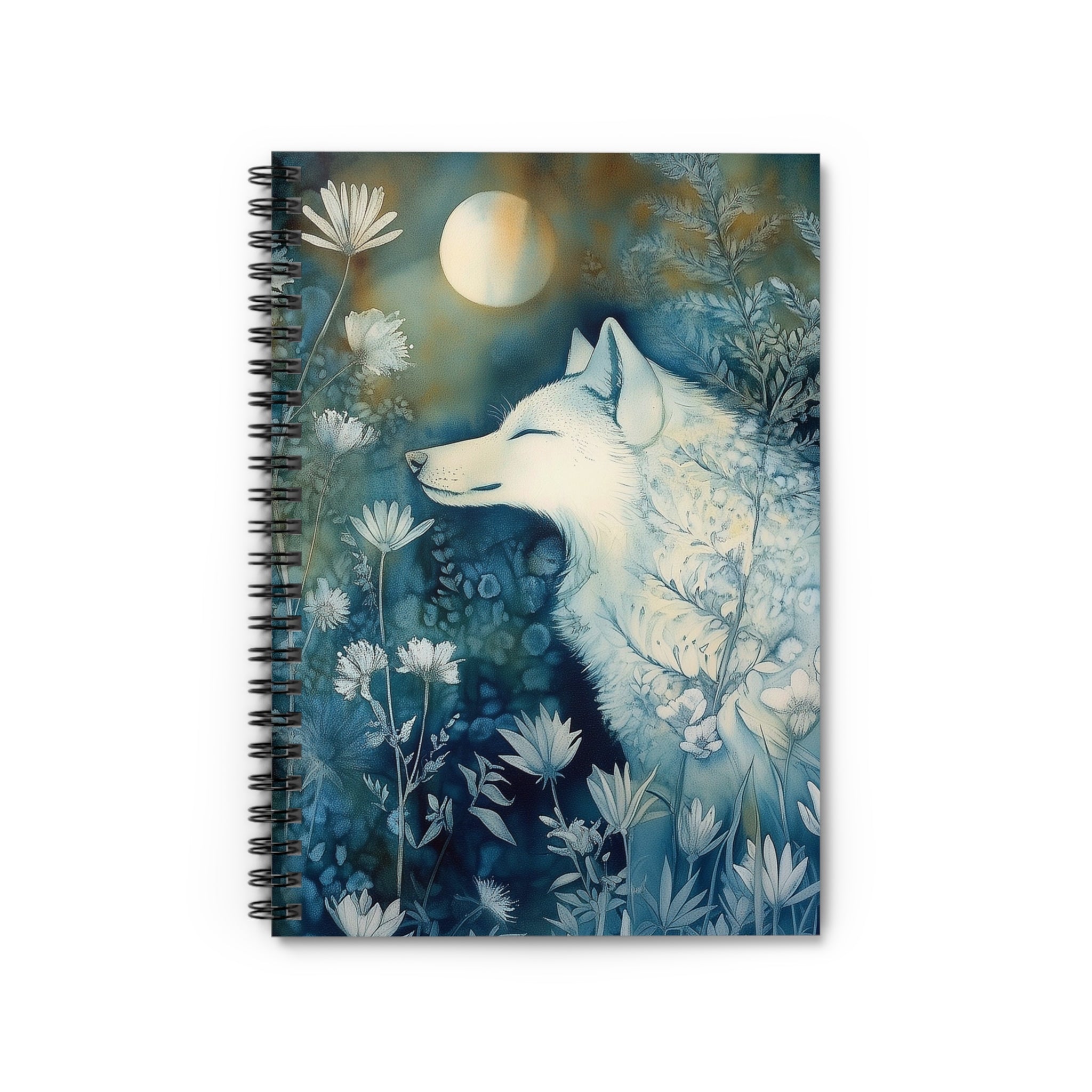 Cyanotype style illustration of a white fox resting under a glowing moon surrounded by delicate woodland flowers