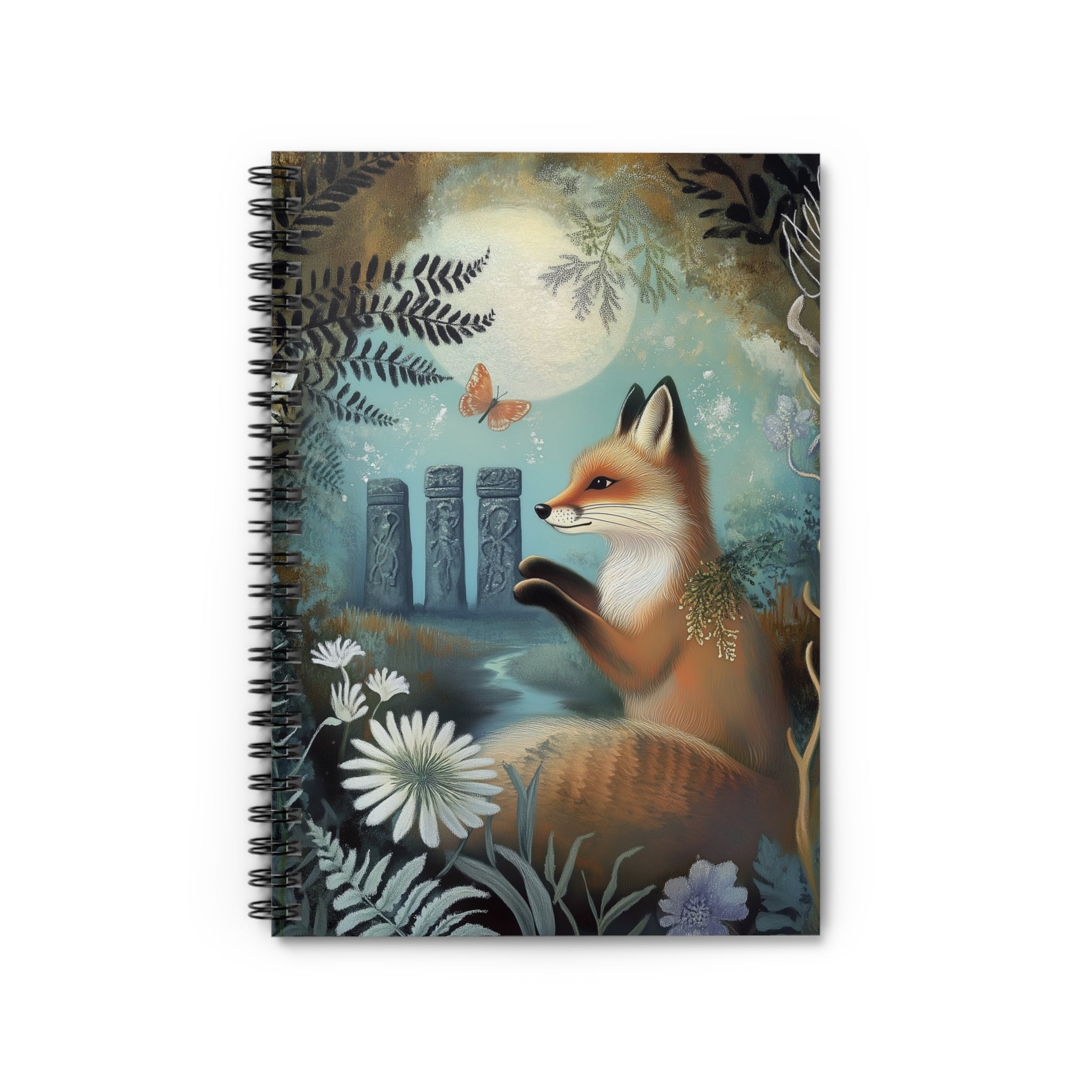 Illustrated red fox beneath a full moon near ancient standing stones surrounded by wildflowers and ferns, cottagecore notebook cover design
