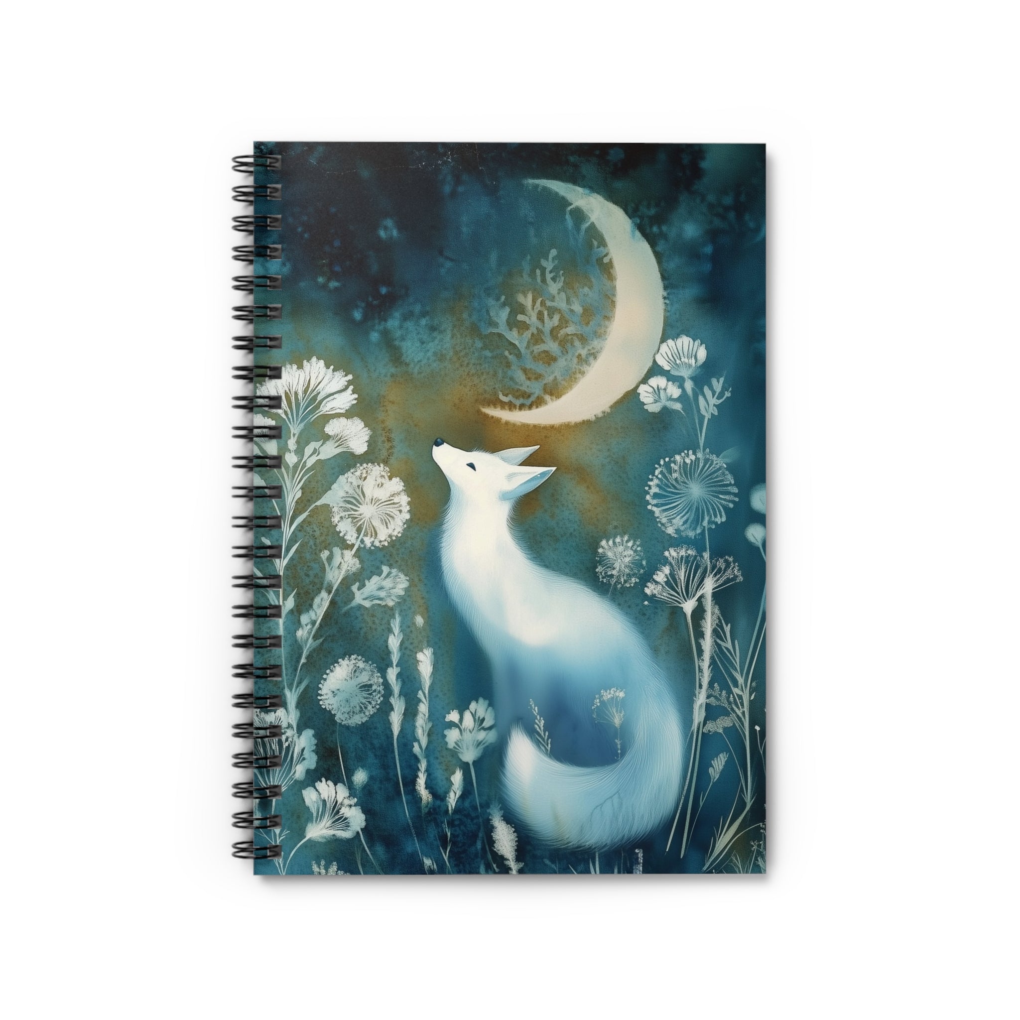 Cyanotype style illustration of a white fox gazing at a crescent moon surrounded by delicate woodland flowers