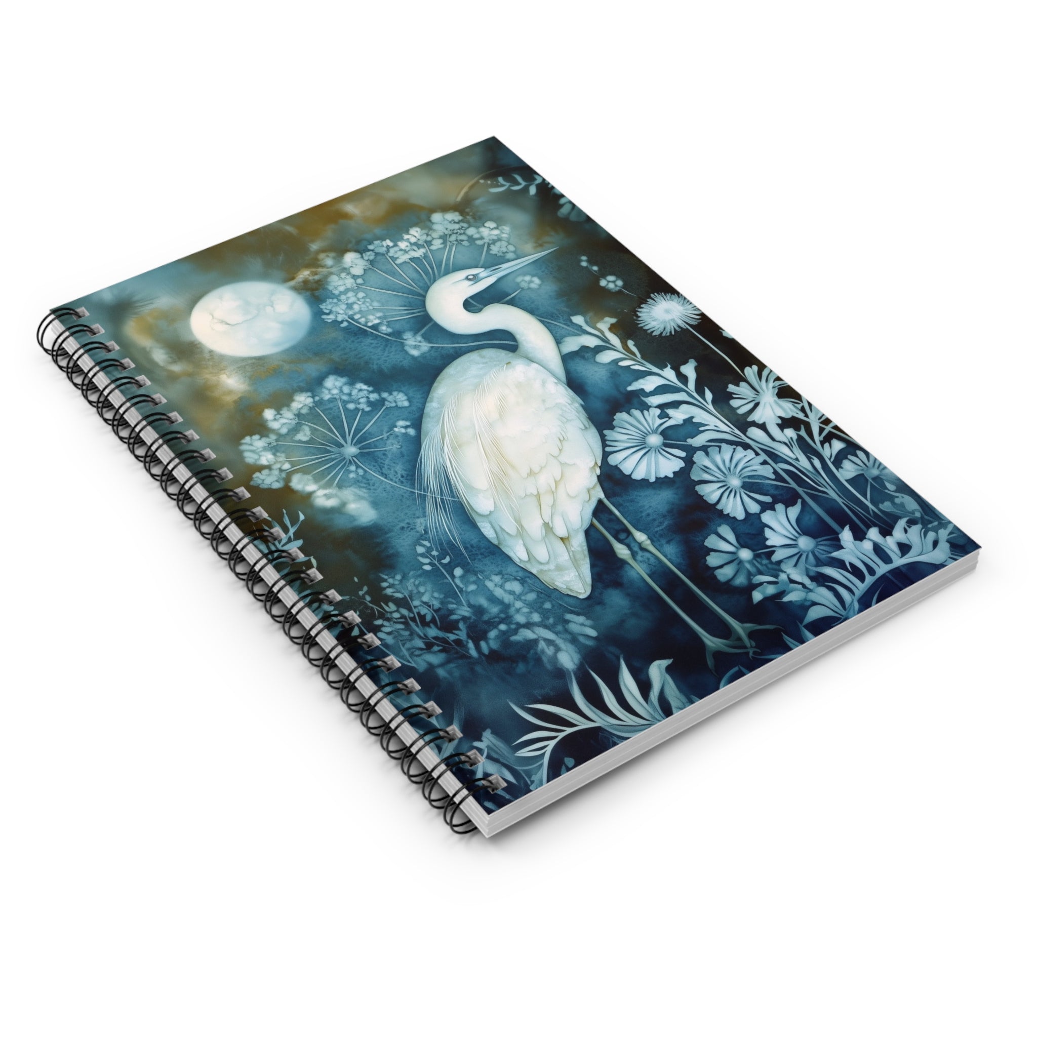 Cyanotype style illustration of a white heron under a glowing moon surrounded by delicate botanical plants