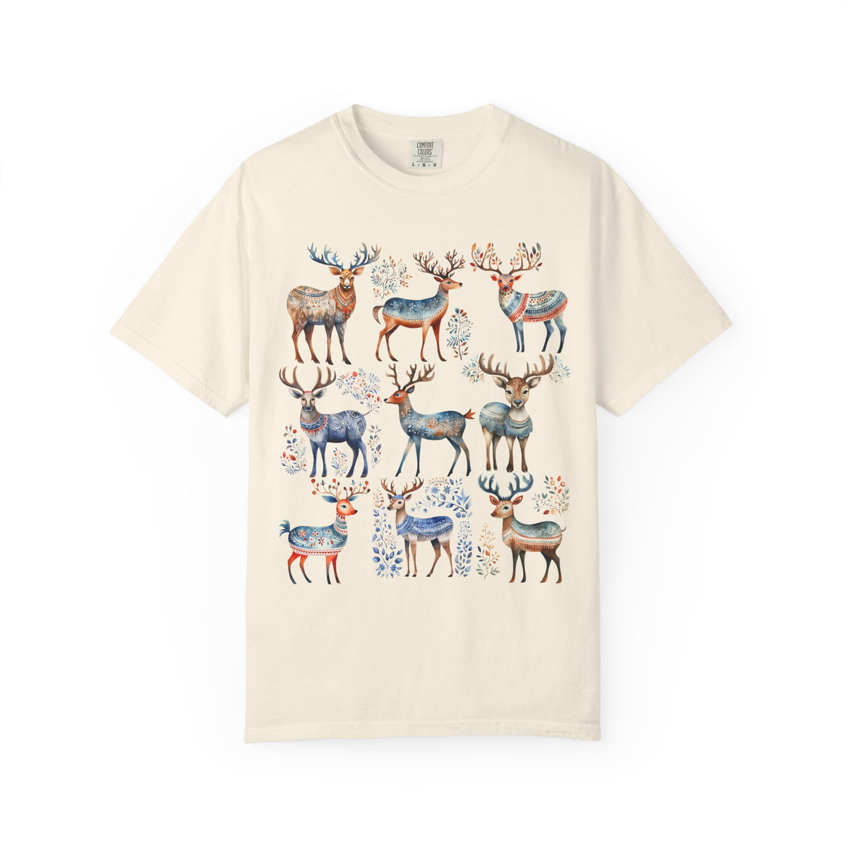 An off-white short-sleeve crewneck t-shirt featuring a central graphic print of multiple watercolor-style deer in blue, red, and brown tones.