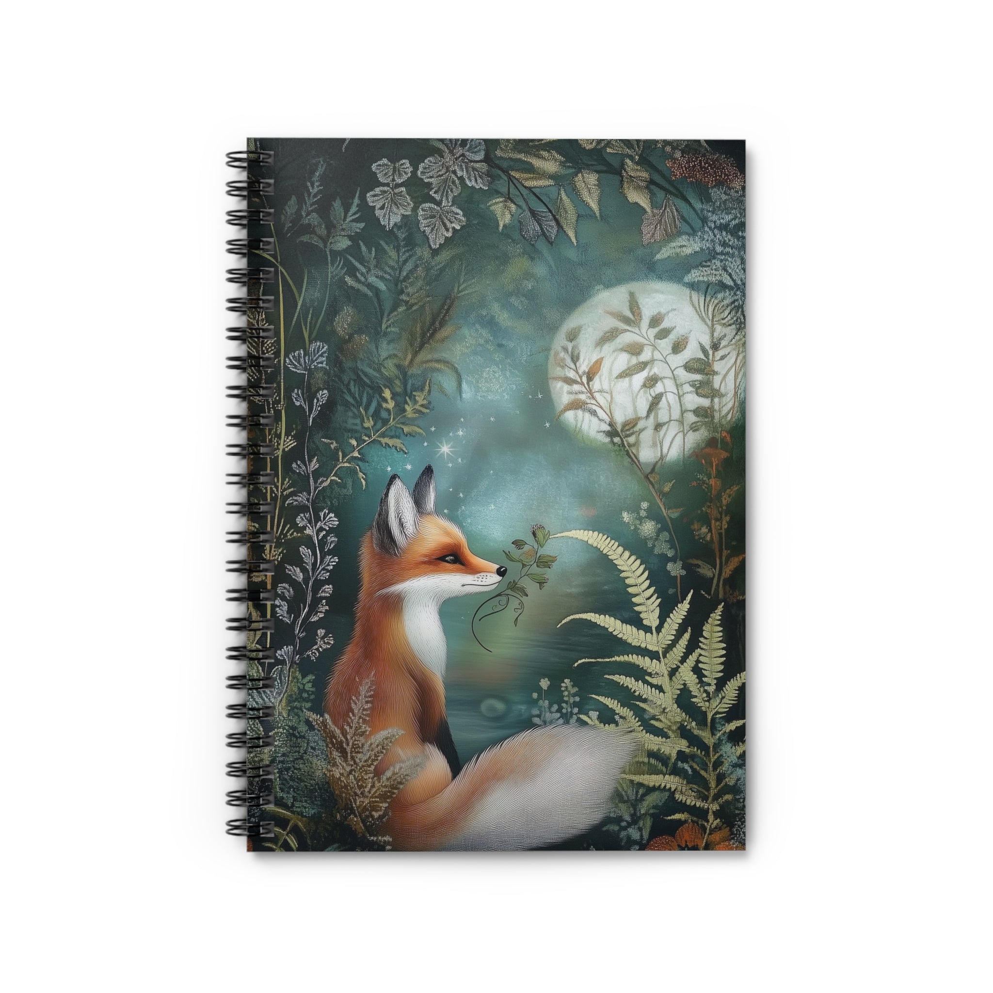 Illustrated red fox under a glowing moon holding a small leafy branch surrounded by ferns and woodland foliage, cottagecore notebook cover design