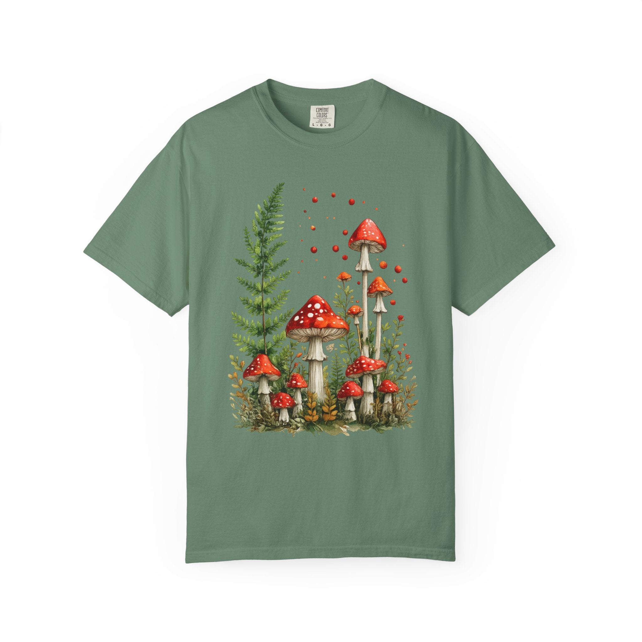 Whimsical watercolor illustration of red fly agaric mushrooms surrounded by lush green ferns and woodland plants in a magical cottagecore fairy forest aesthetic.