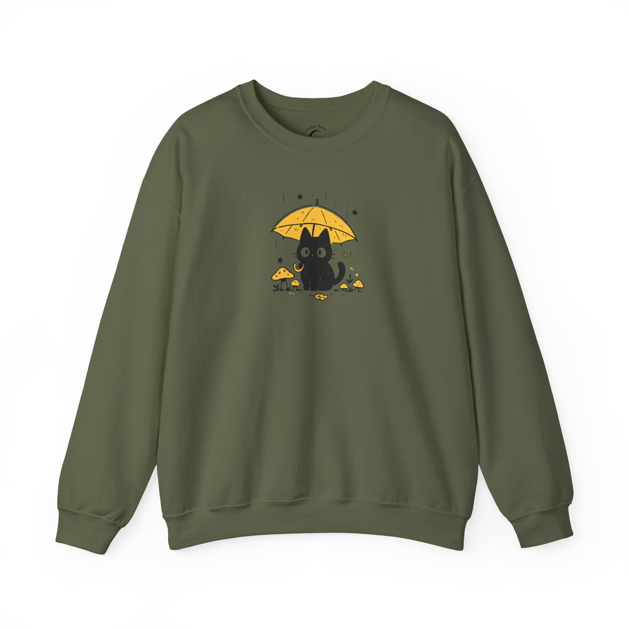 Cozy cat lover sweatshirt with kawaii black cat holding an umbrella among mushrooms