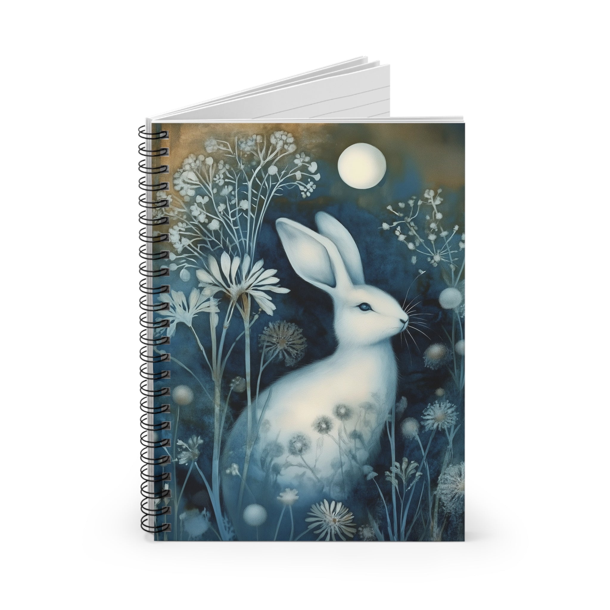 Notebook with a white rabbit and floral design on a dark background
