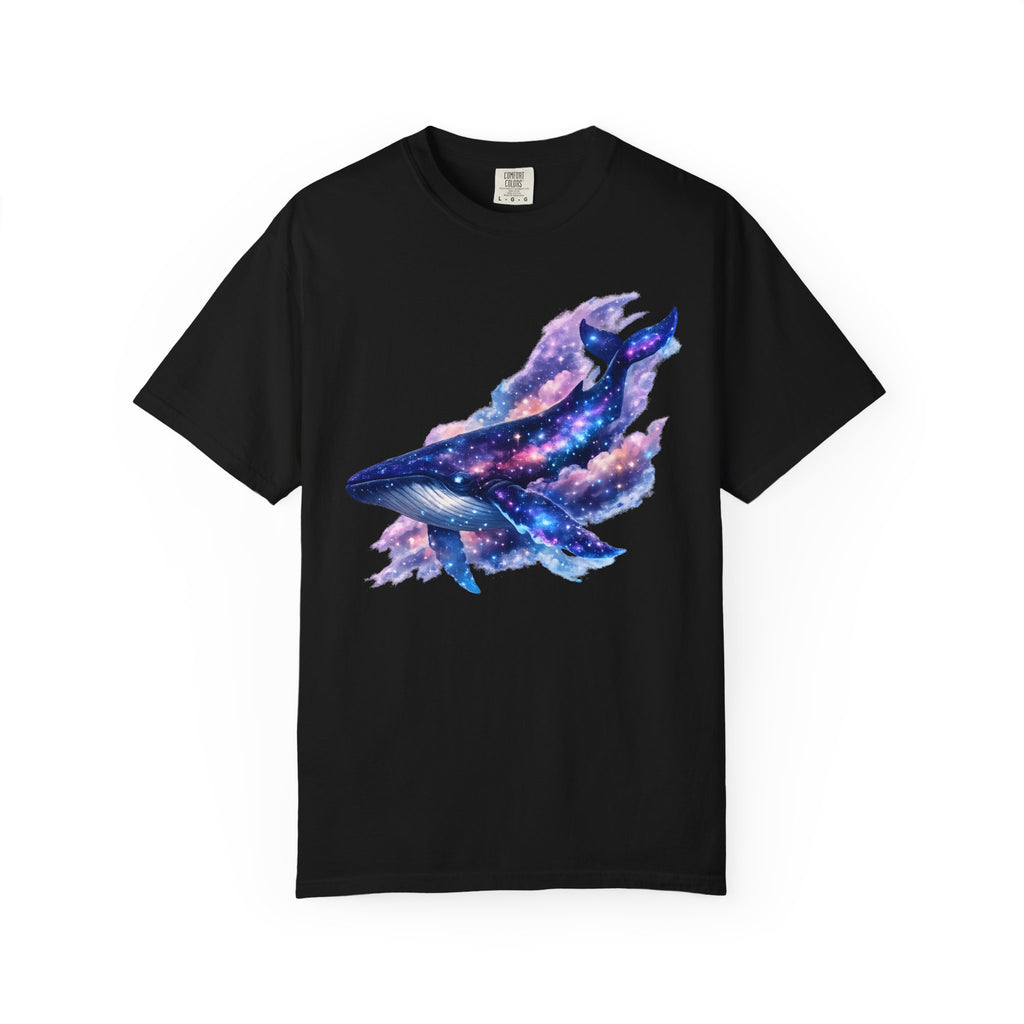 Celestial galaxy whale illustration with stars, nebula clouds, and cosmic colors designed for a whimsical Comfort Colors shirt.