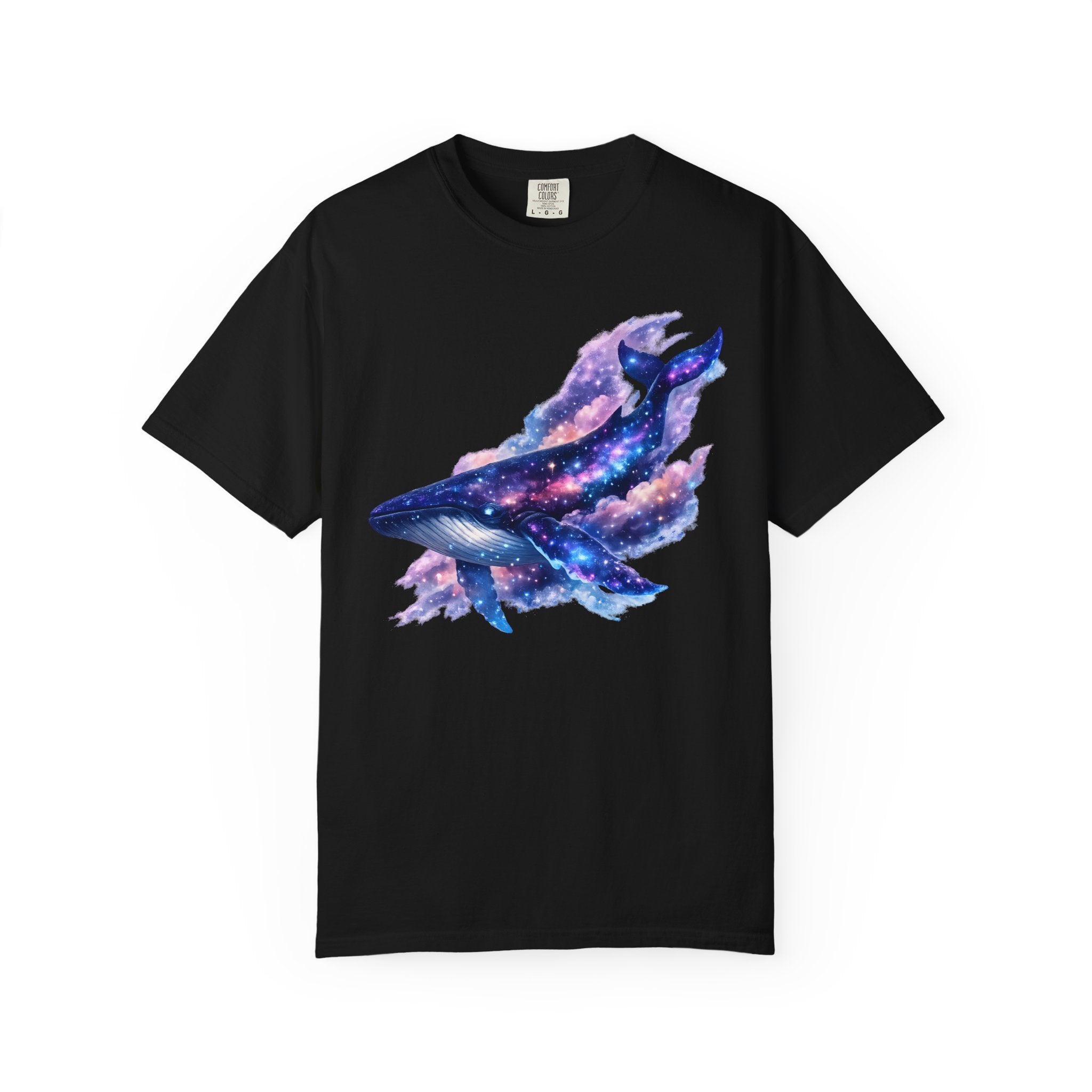 Celestial galaxy whale illustration with stars, nebula clouds, and cosmic colors designed for a whimsical Comfort Colors shirt.