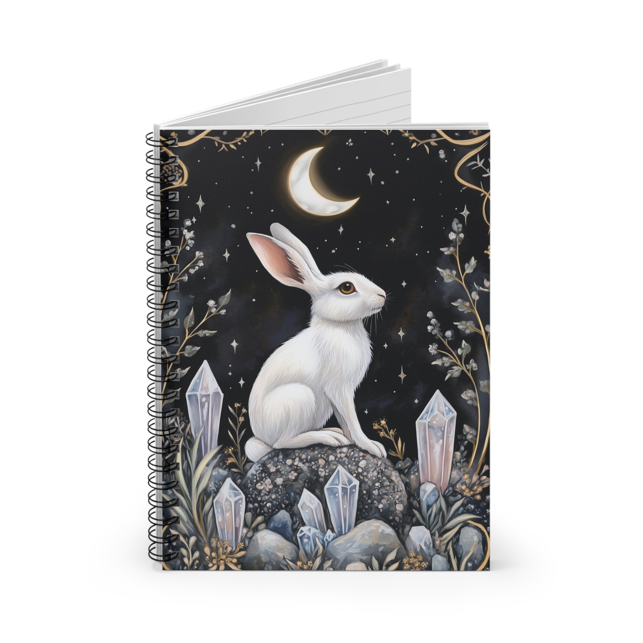 White rabbit under crescent moon surrounded by crystals and golden foliage on a dark starry night background, whimsical cottagecore notebook cover design