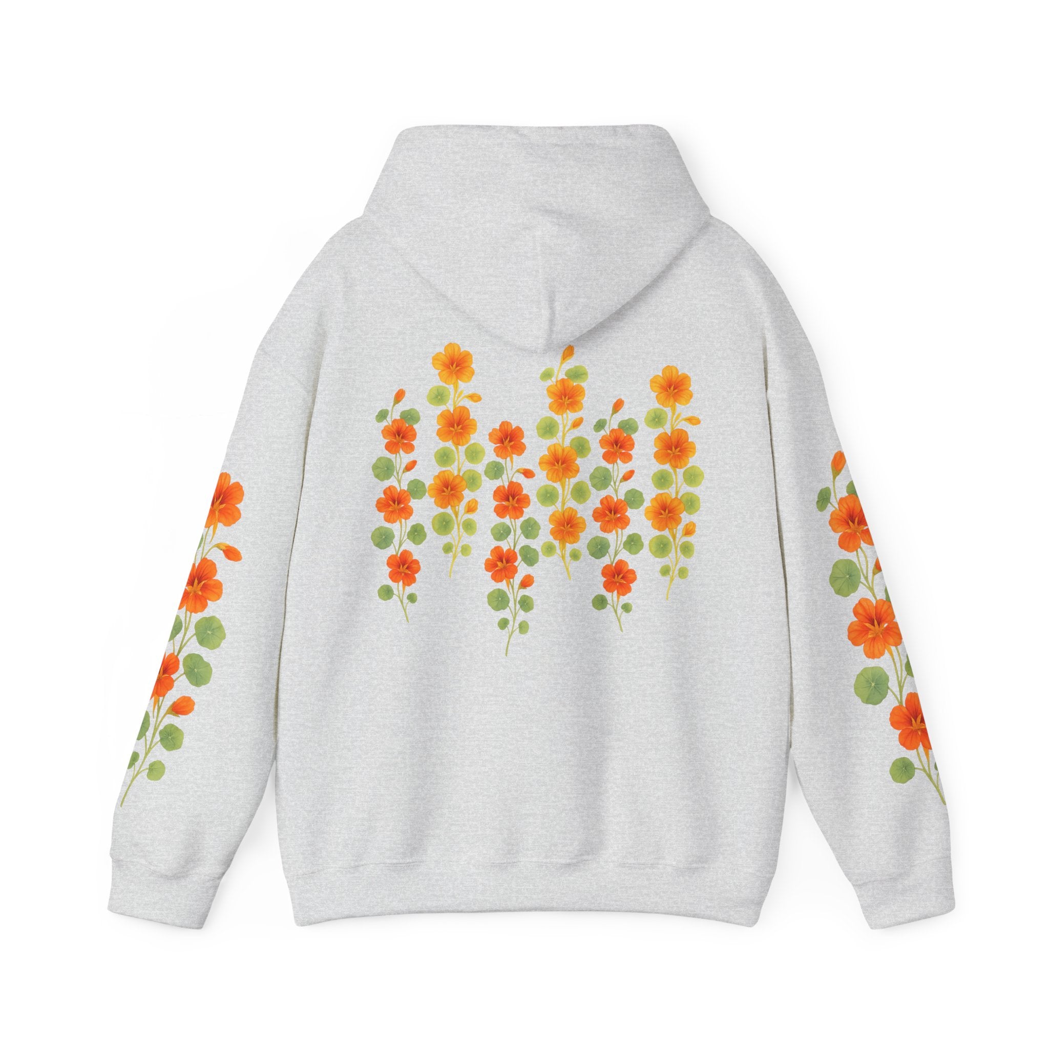 Botanical cottagecore hoodie with nasturtium vine sleeve print