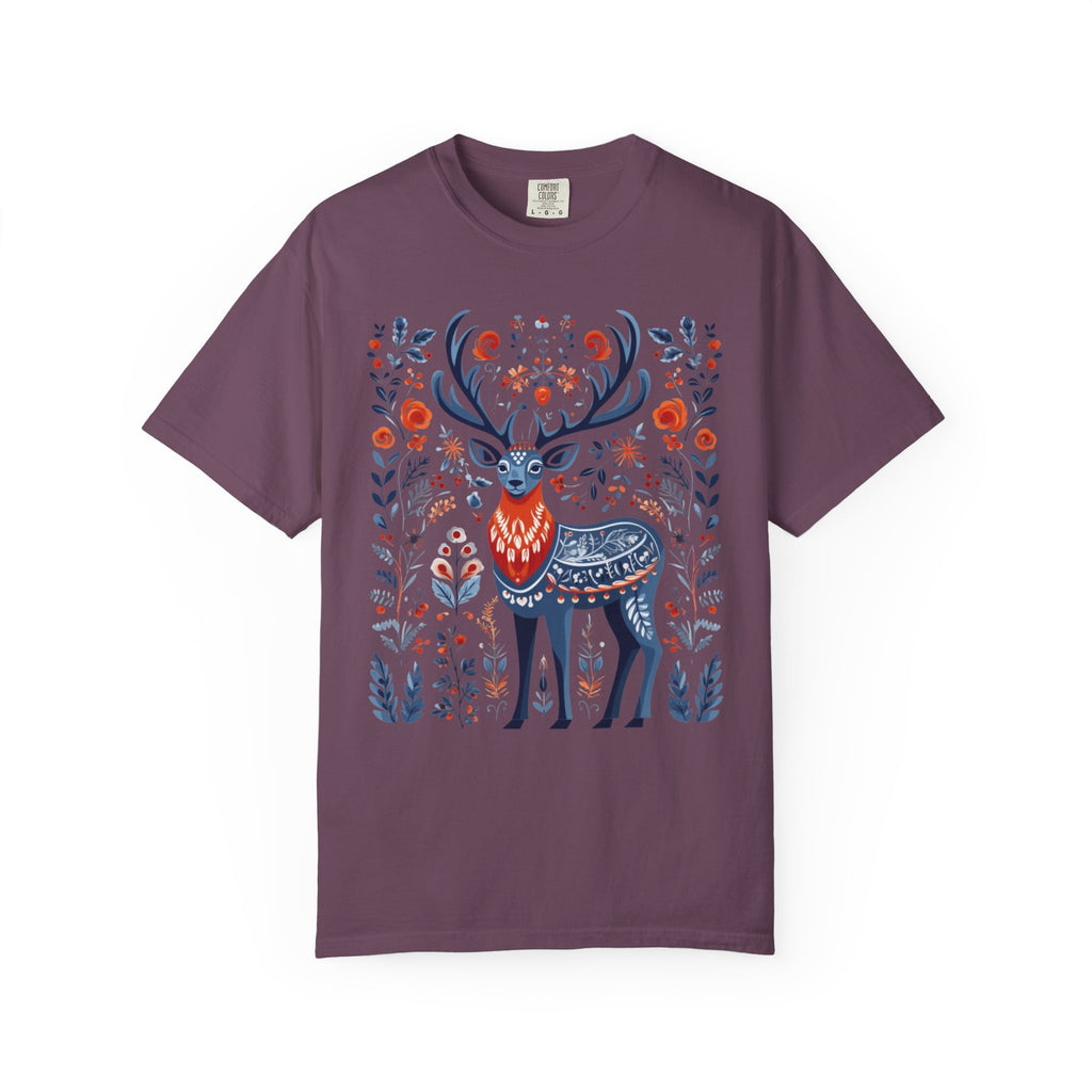 Scandinavian folk art deer shirt design with blue and orange Nordic floral patterns surrounding a majestic stag.