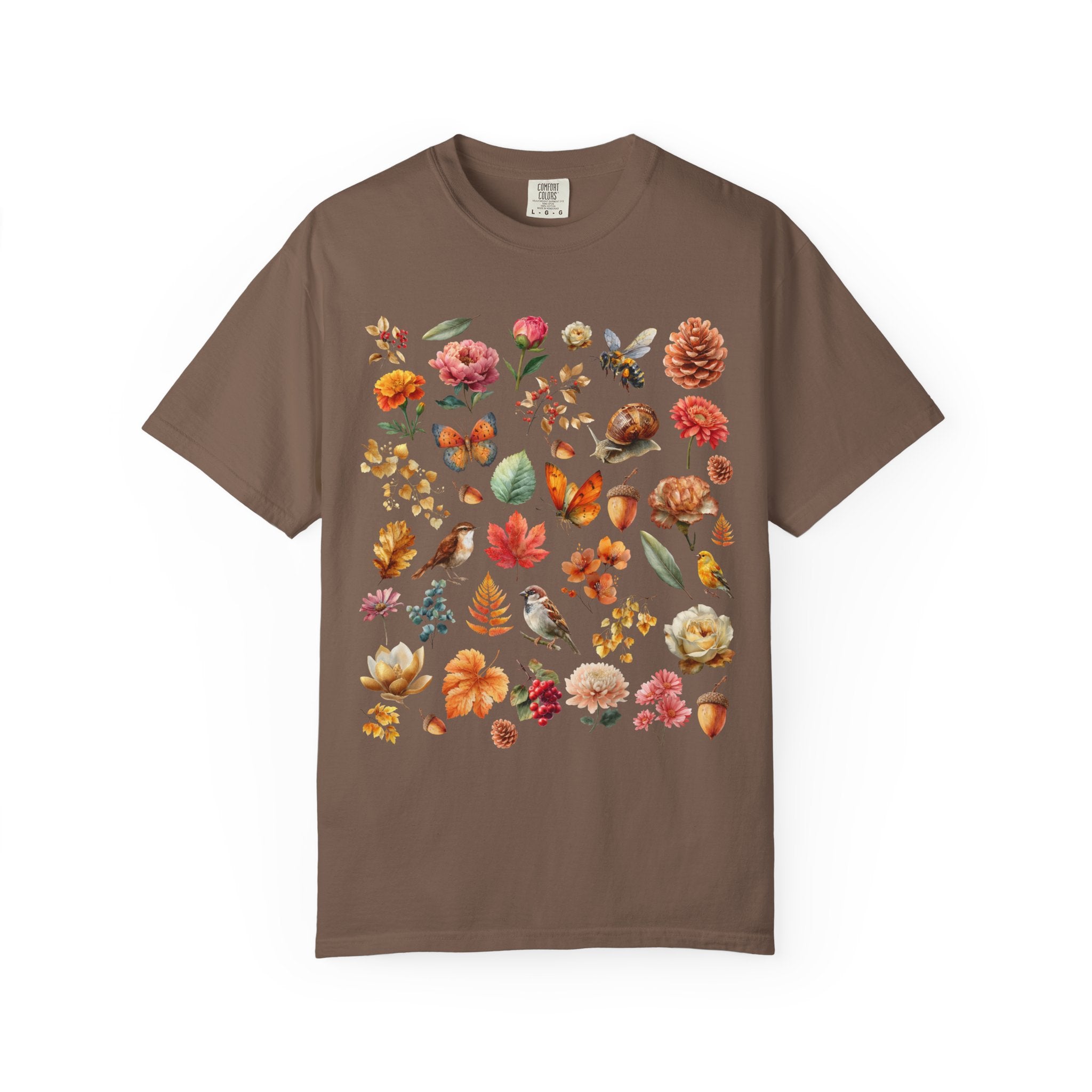 Cottagecore botanical t-shirt with vintage flowers and acorns