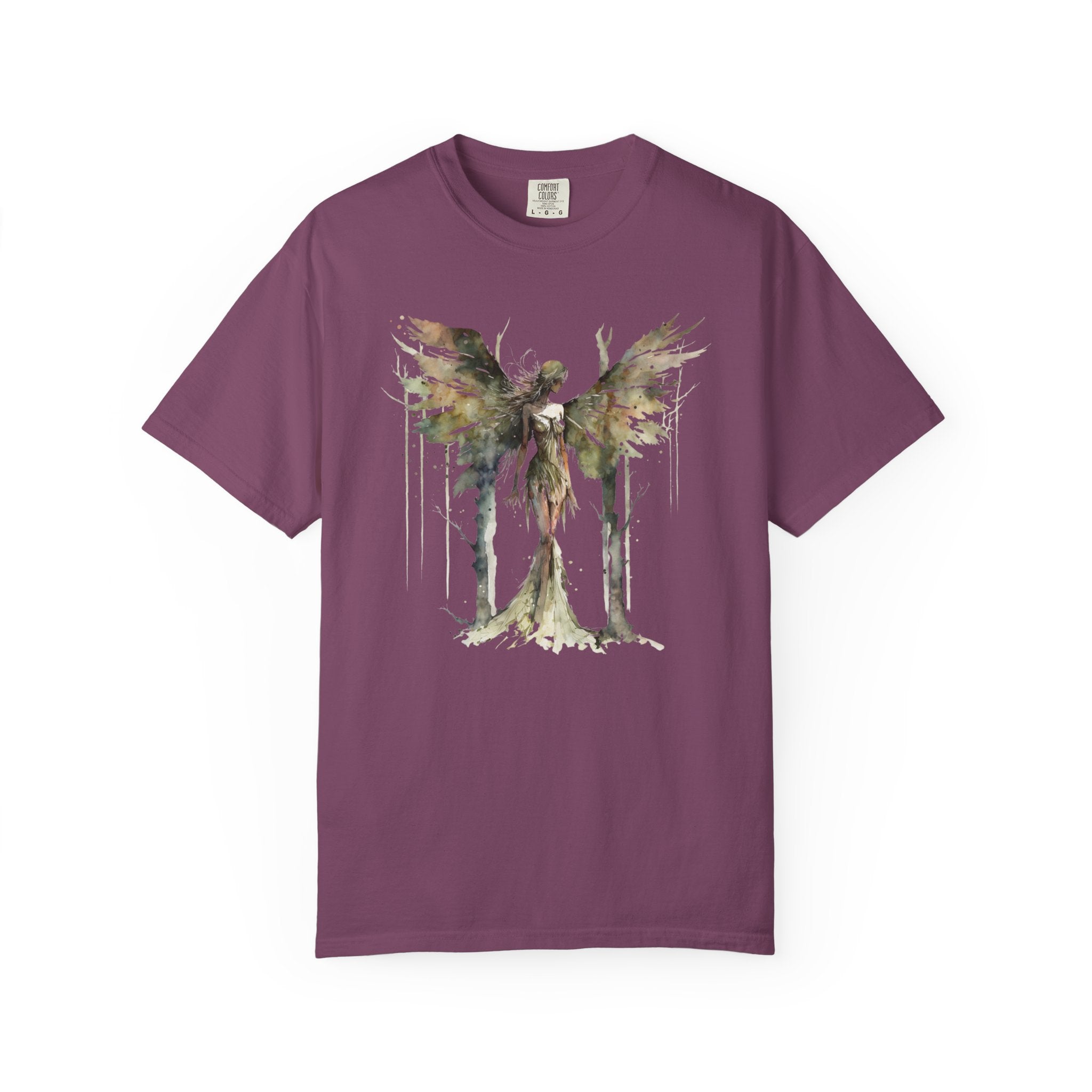 Gray t-shirt with a colorful abstract design on a white background