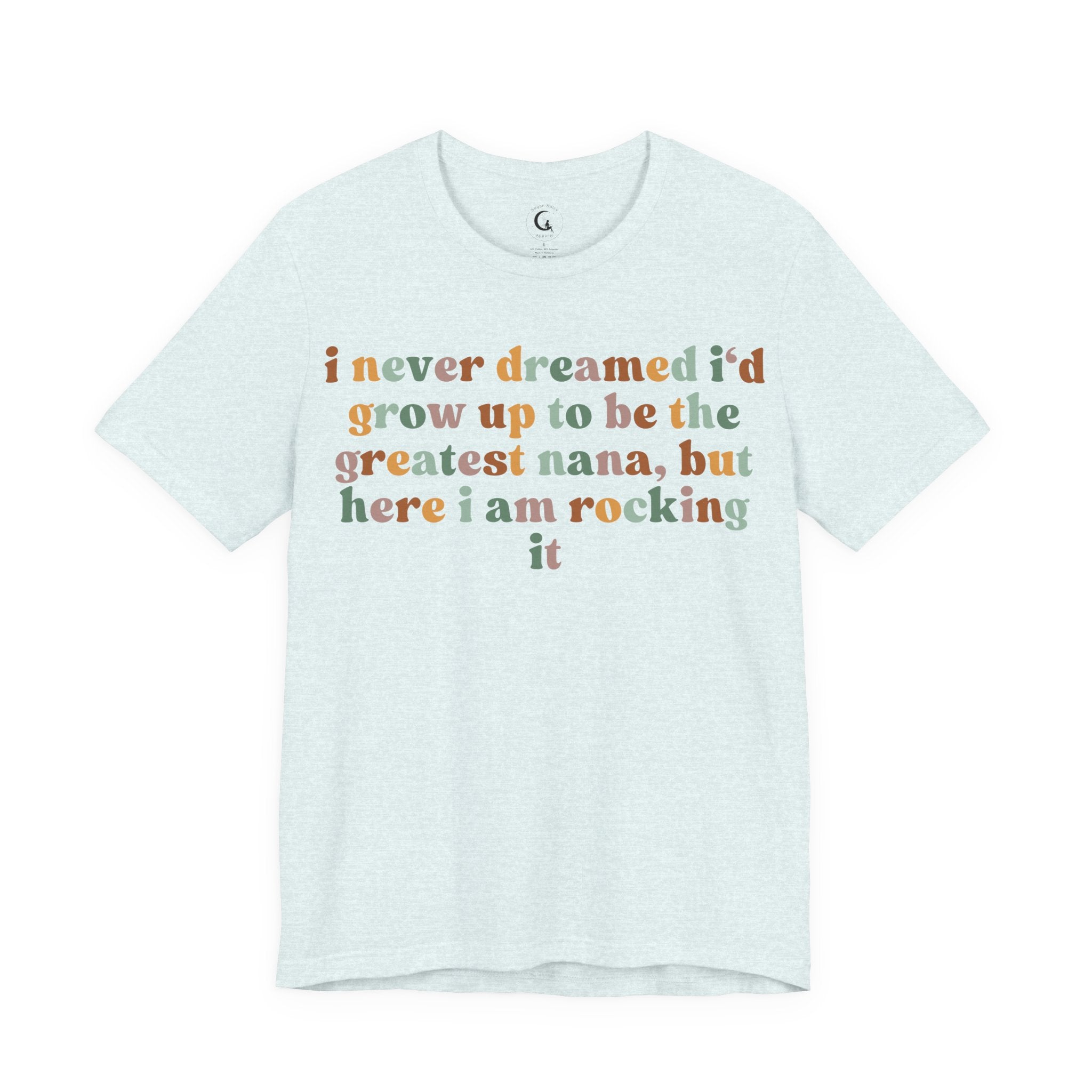 Retro-style text reading “I never dreamed I’d grow up to be the greatest nana, but here I am rocking it” in warm pastel colours on a black background.