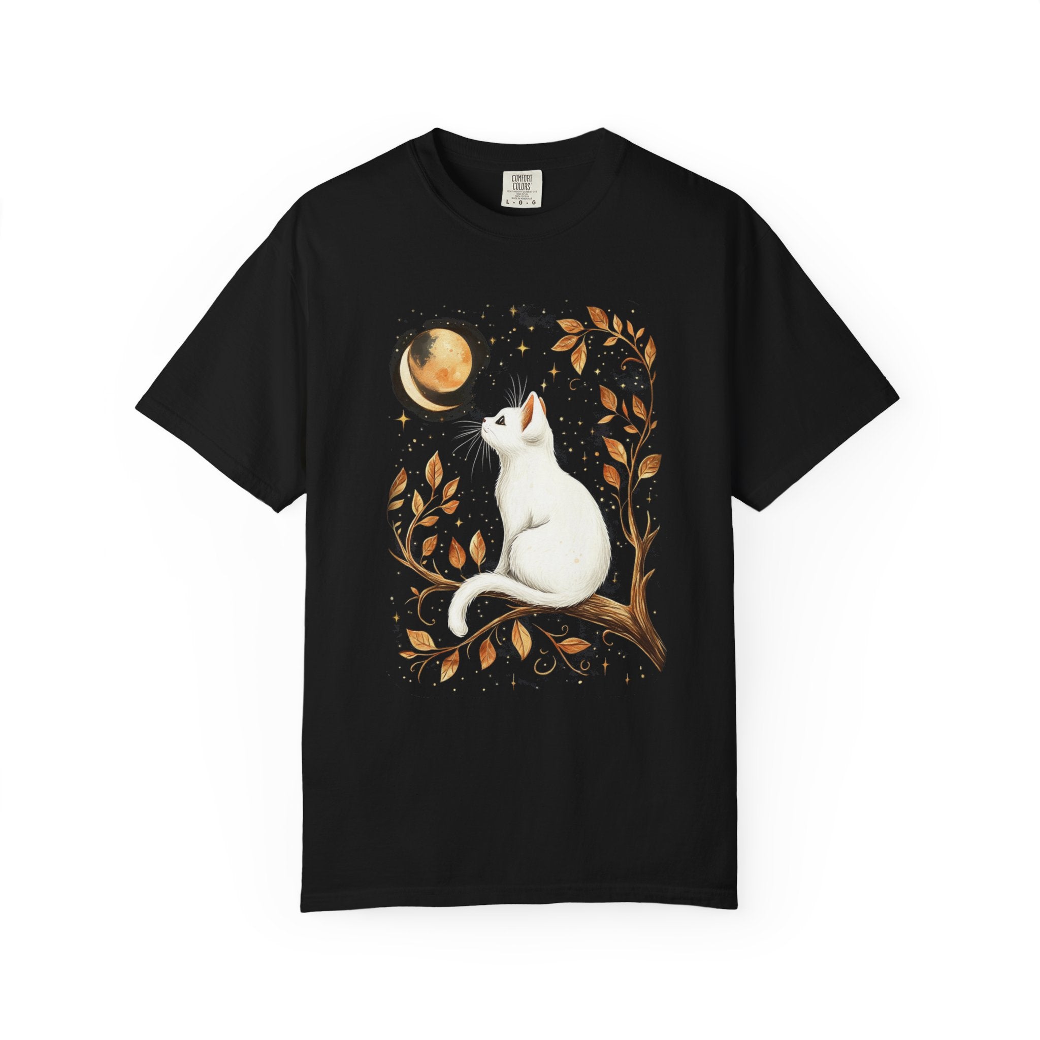 Mystical shirt design featuring a white cat sitting on a golden tree branch, gazing at a crescent moon against a starry night sky.