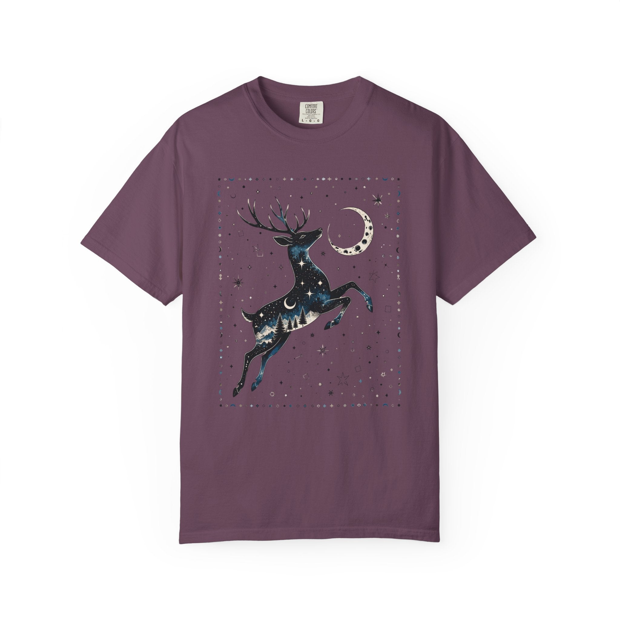 Celestial stag illustration filled with stars, moon phases, pine trees, and mountain scenery beneath a crescent moon in a mystical night-sky design.