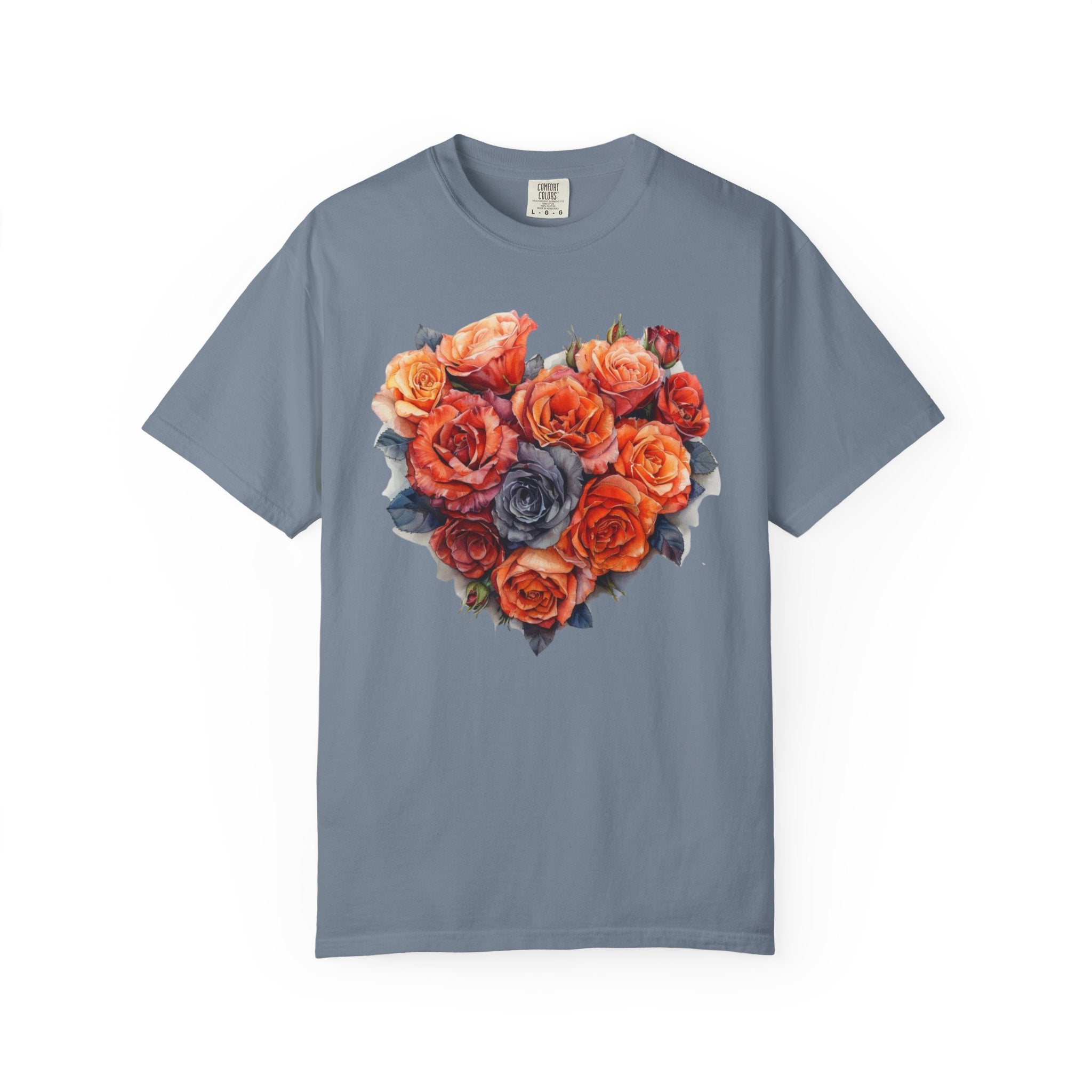 Romantic rose heart floral design on a vintage-style Comfort Colors shirt — soft cottagecore aesthetic tee in red, blush, and lavender tones.
